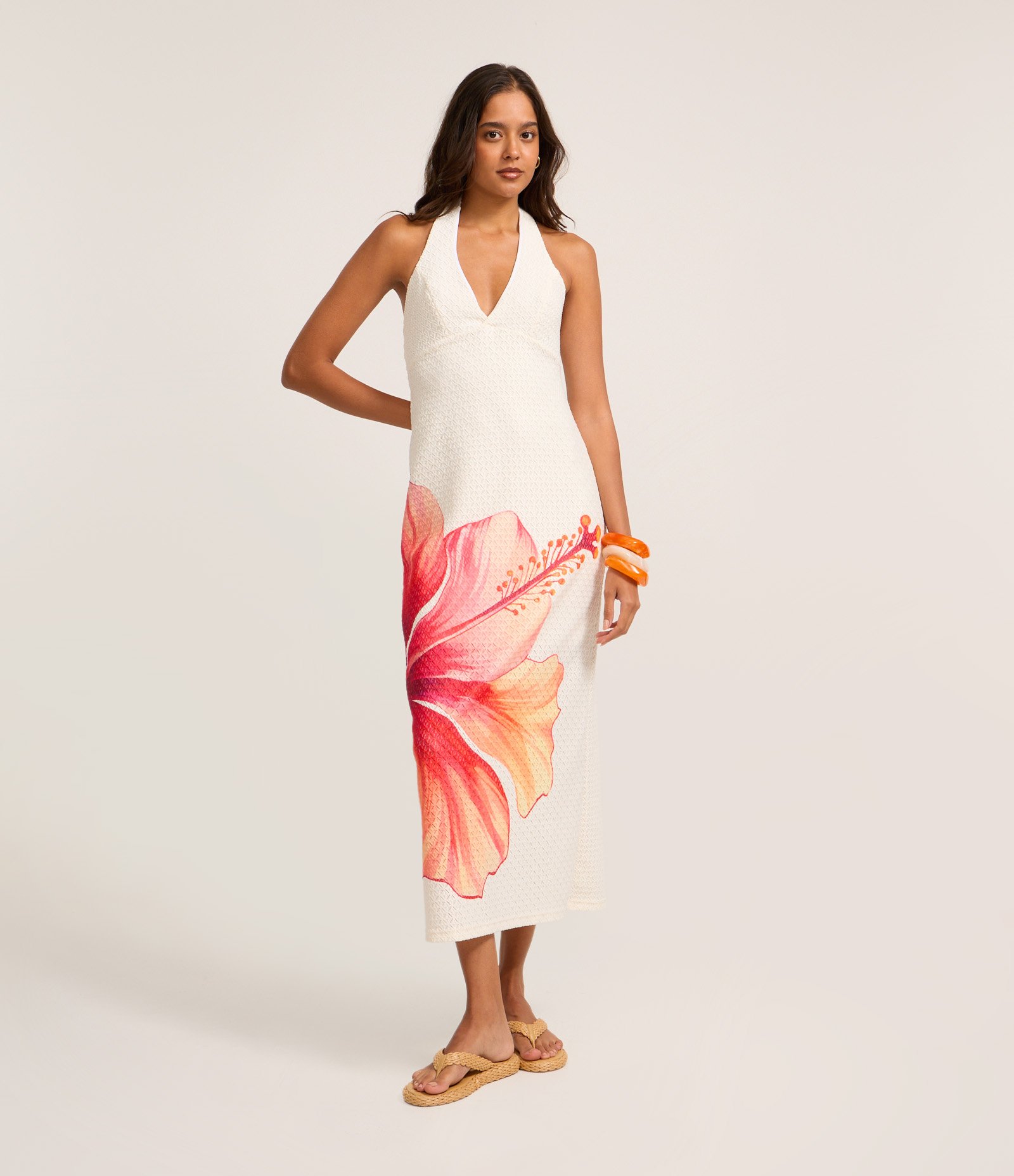 Vestido Longo em Renda com Estampa Floral Hibisco Branco 1