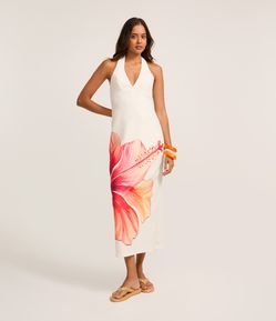 Vestido Longo em Renda com Estampa Floral Hibisco