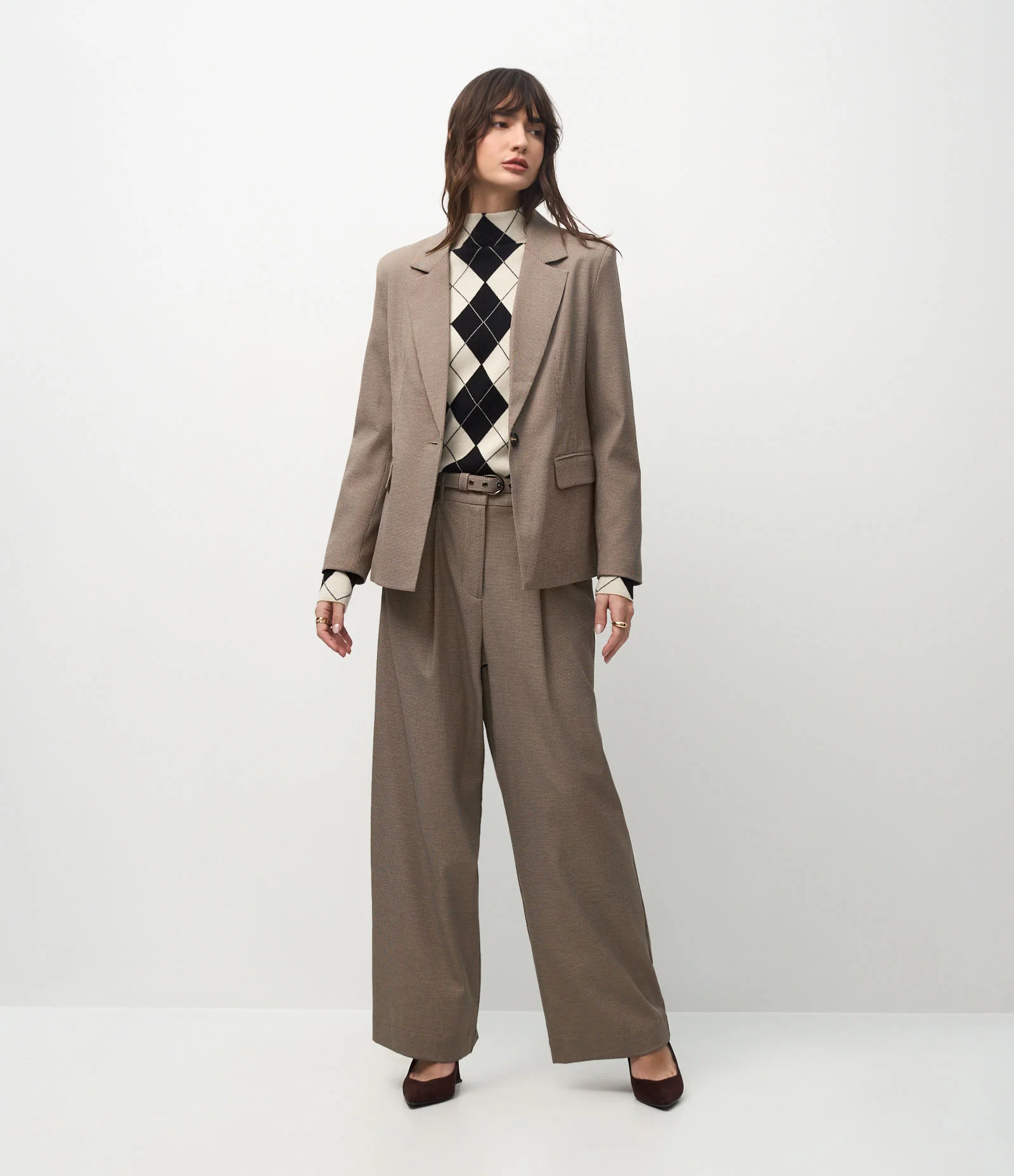 Blazer Ampulheta Alfaiatado com Padronagem Pied de Poule Bege 2