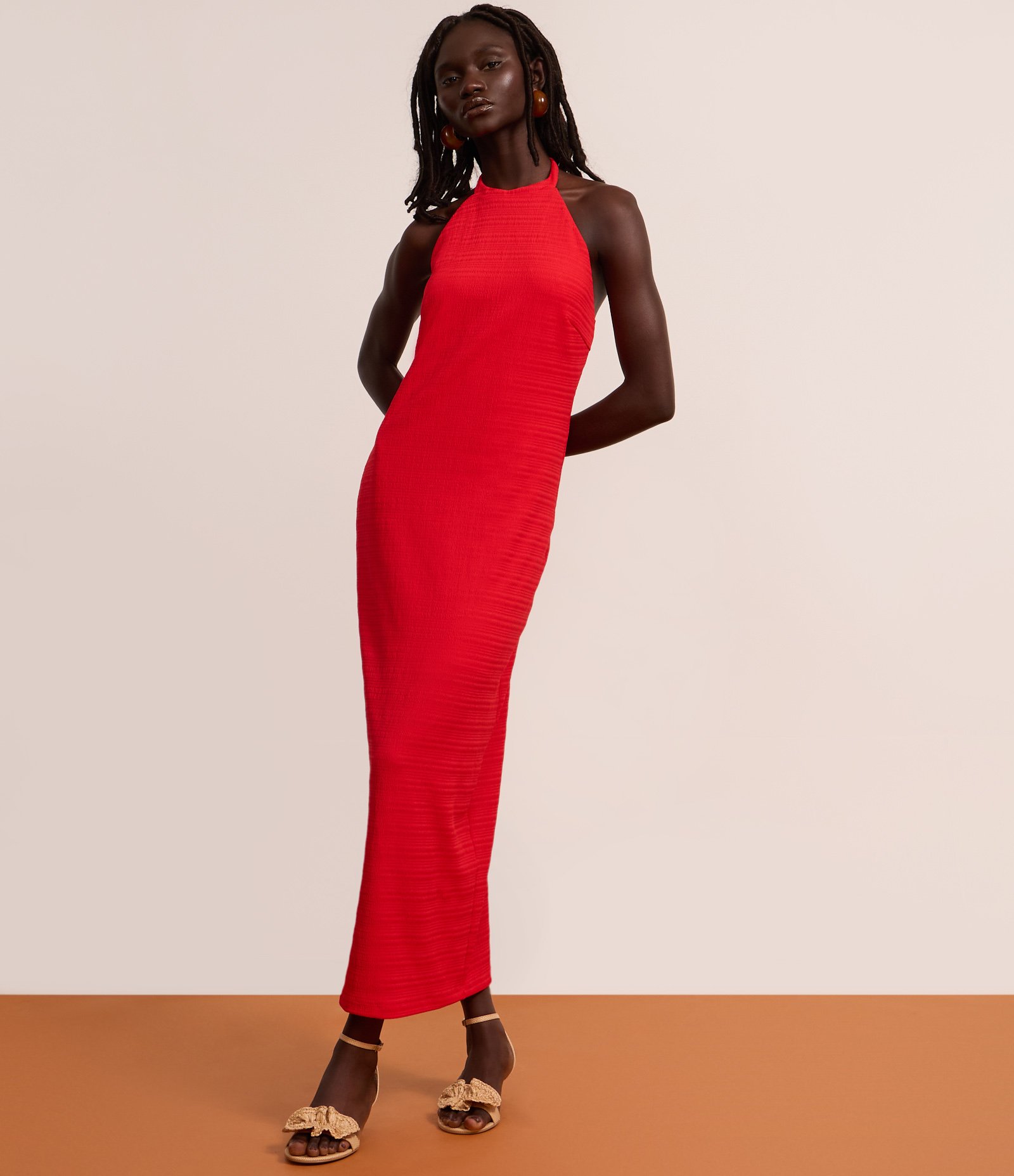 Vestido Long Midi com Frente Única e Decote em V nas Costas Vermelho Alaranjado 5