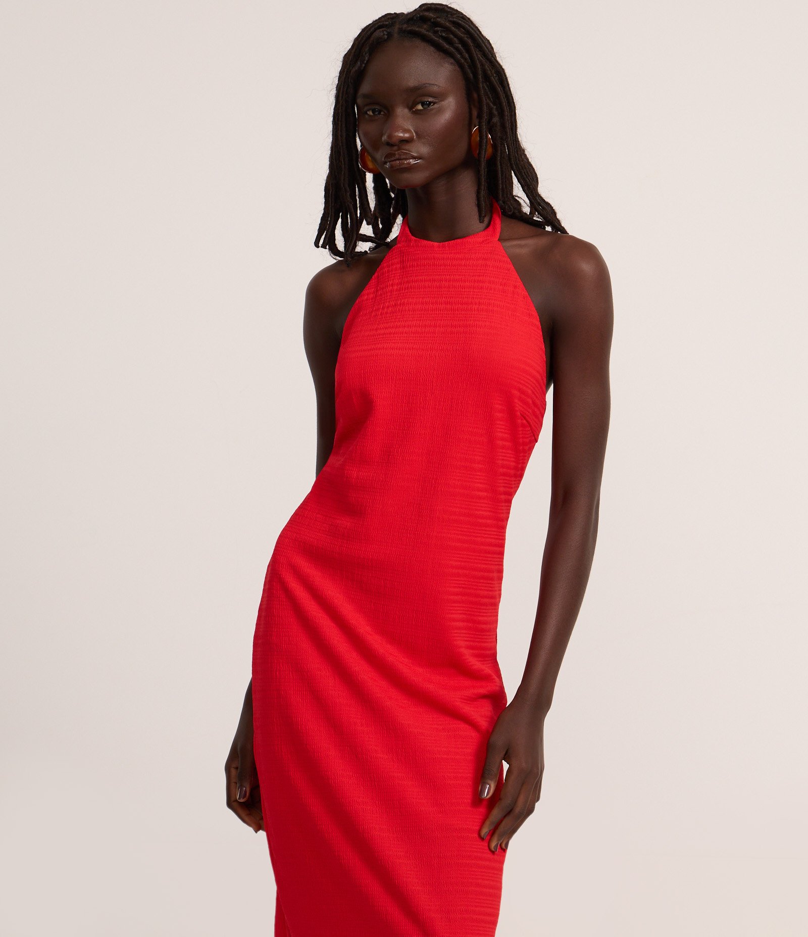 Vestido Long Midi com Frente Única e Decote em V nas Costas Vermelho Alaranjado 2