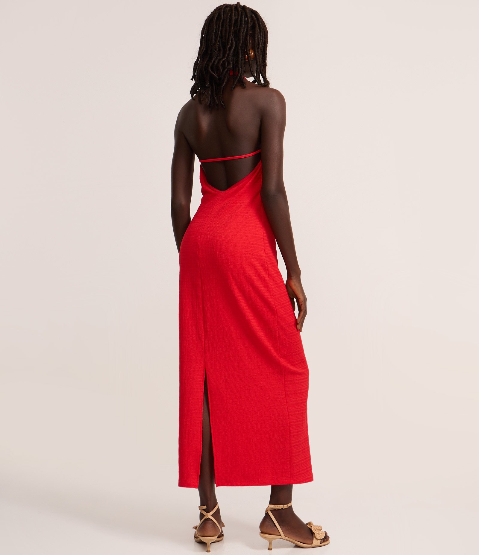 Vestido Long Midi com Frente Única e Decote em V nas Costas Vermelho Alaranjado 4