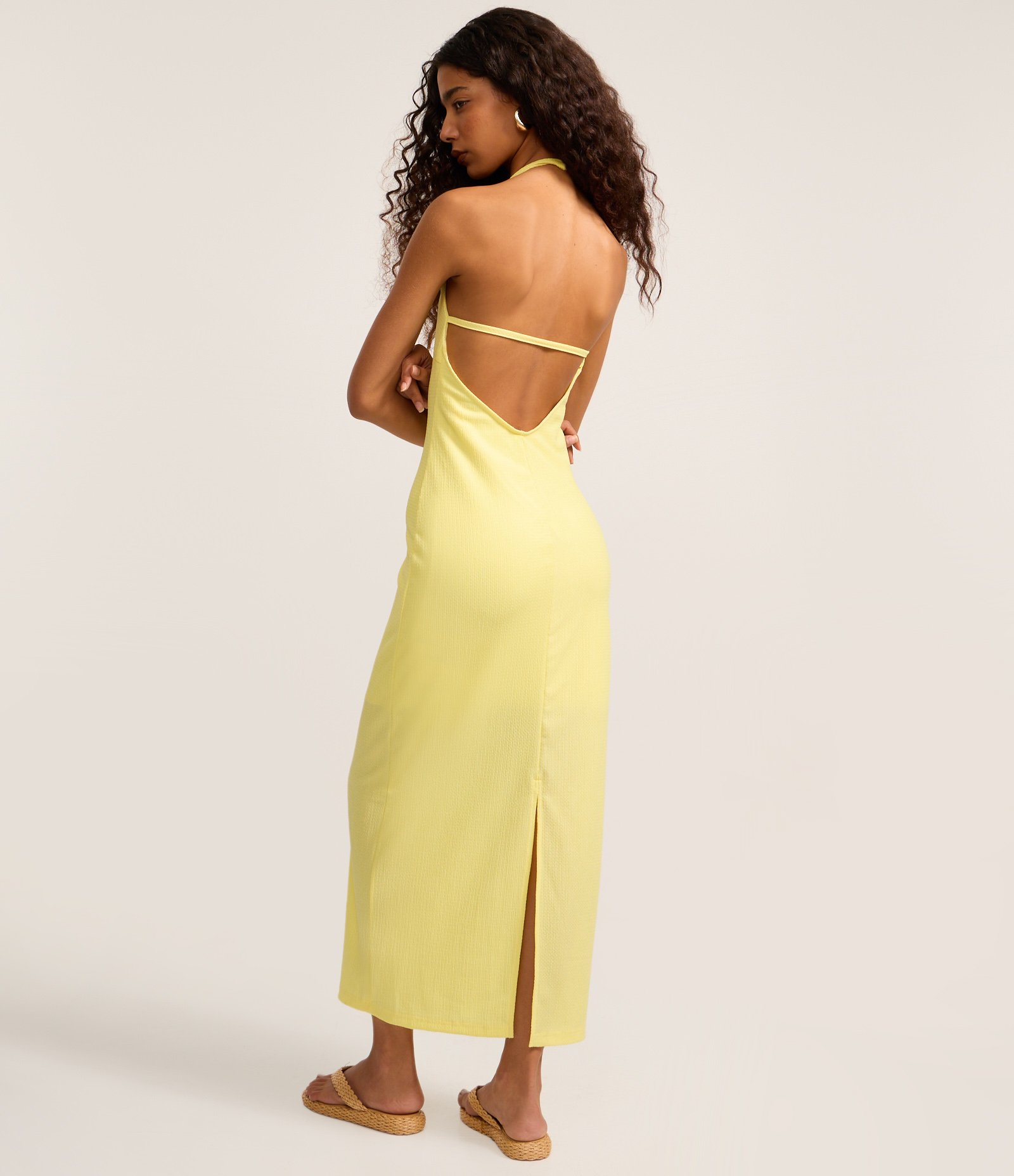 Vestido Midi Frente Única Texturizado com Fenda Amarelo 3