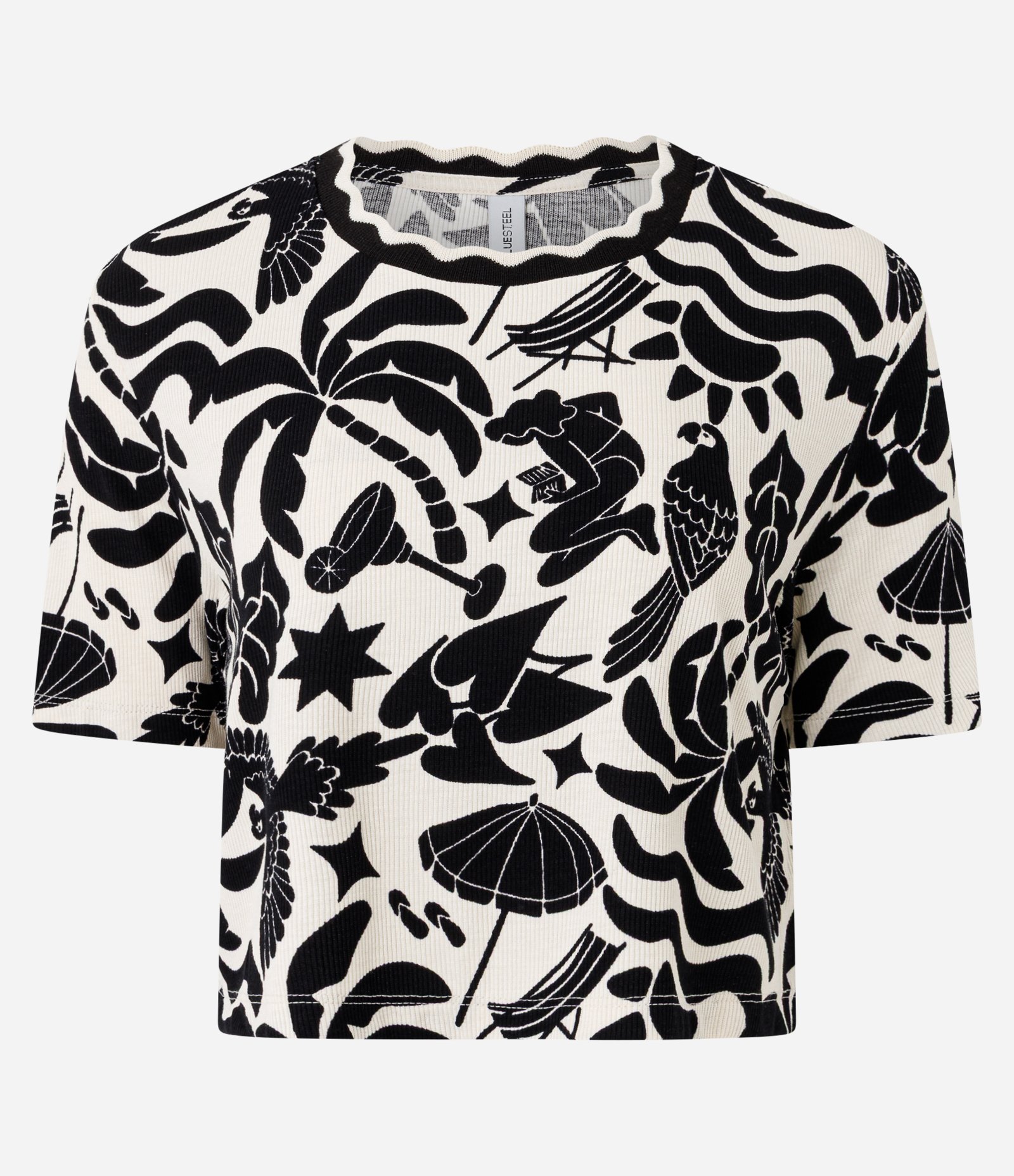 Blusa em Ribana com Gola Ondulada e Estampa Tropical Off White 4