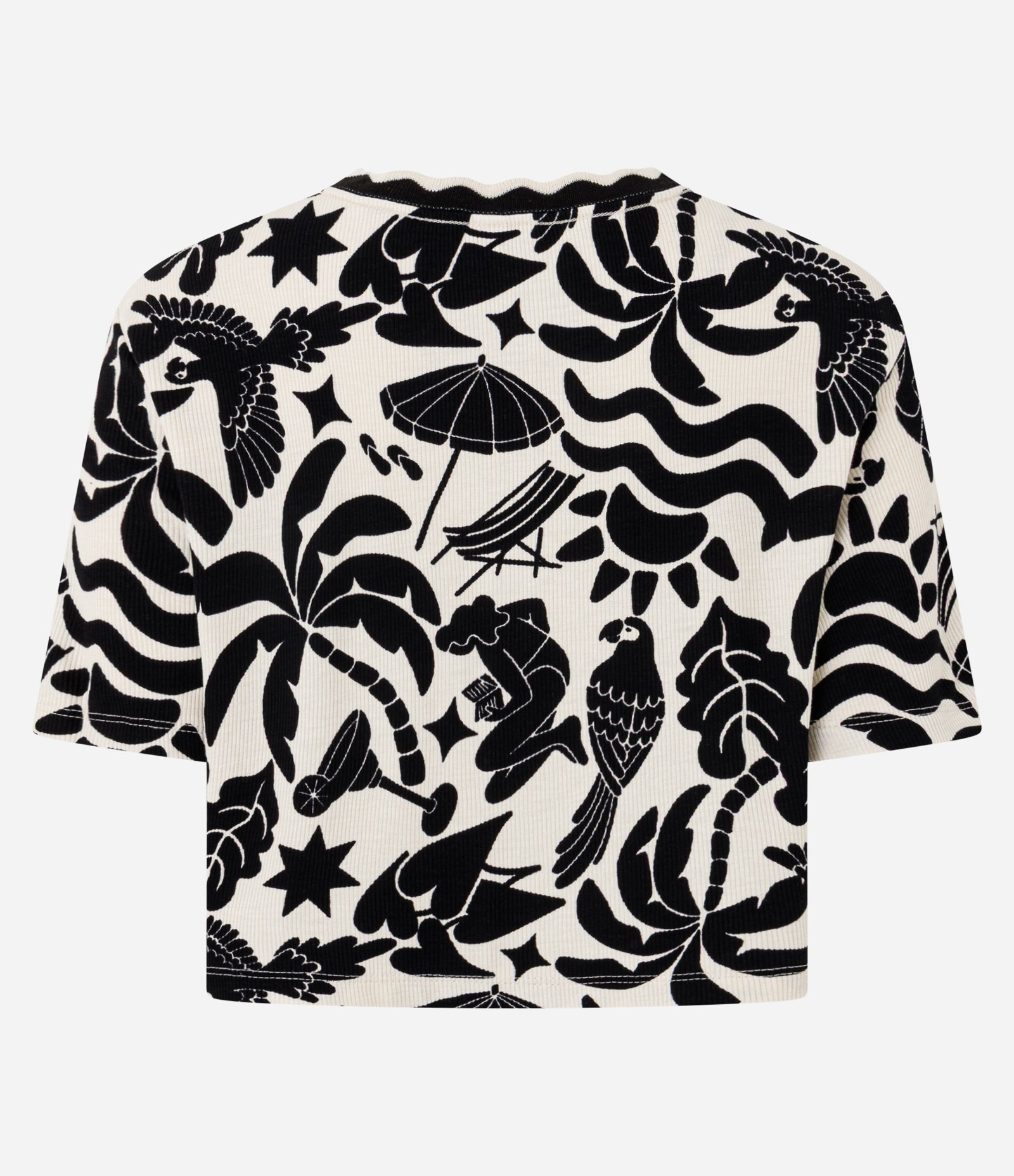 Blusa em Ribana com Gola Ondulada e Estampa Tropical Off White 6