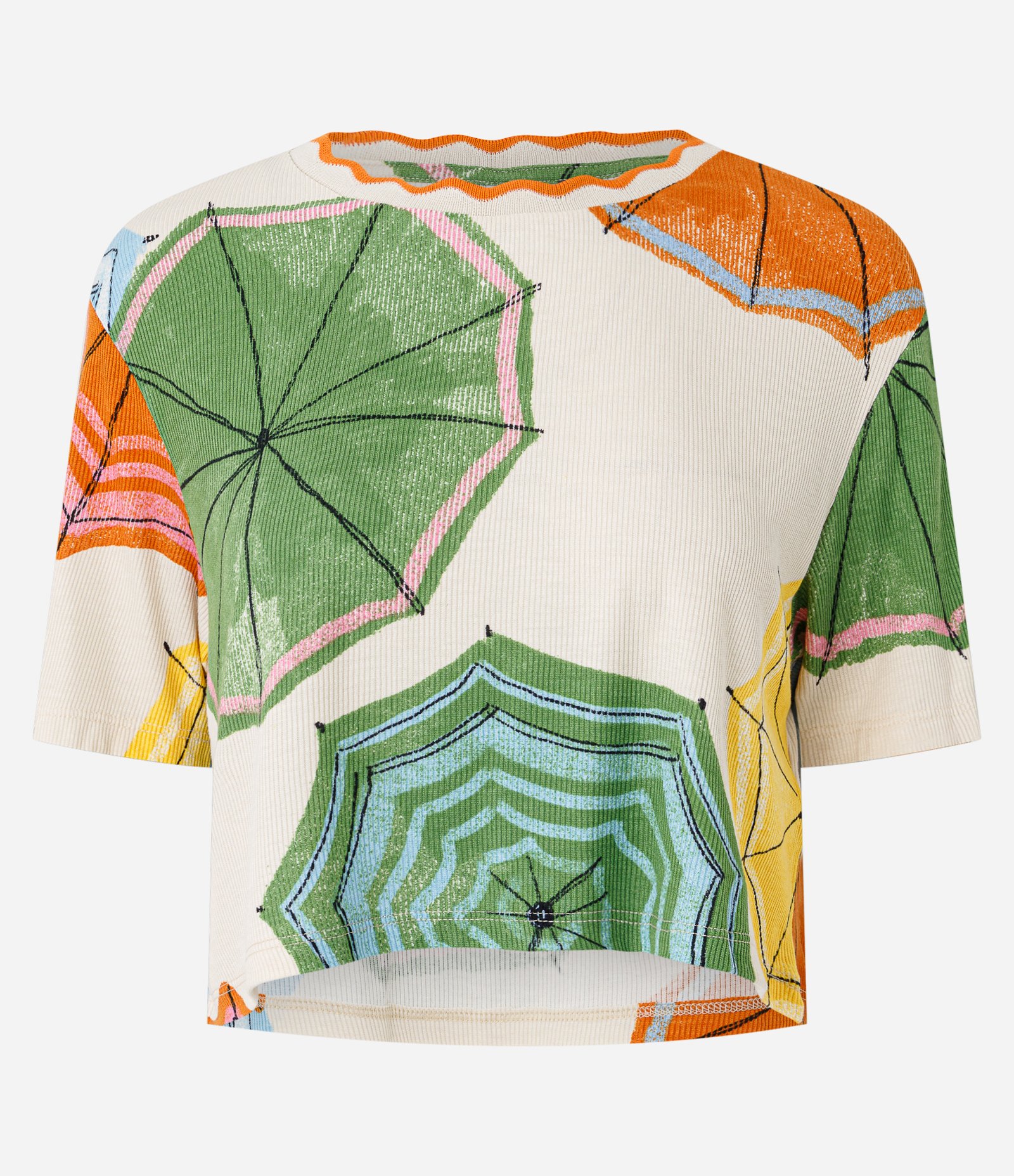 Blusa Cropped em Ribana com Estampa De Praia Bege 4