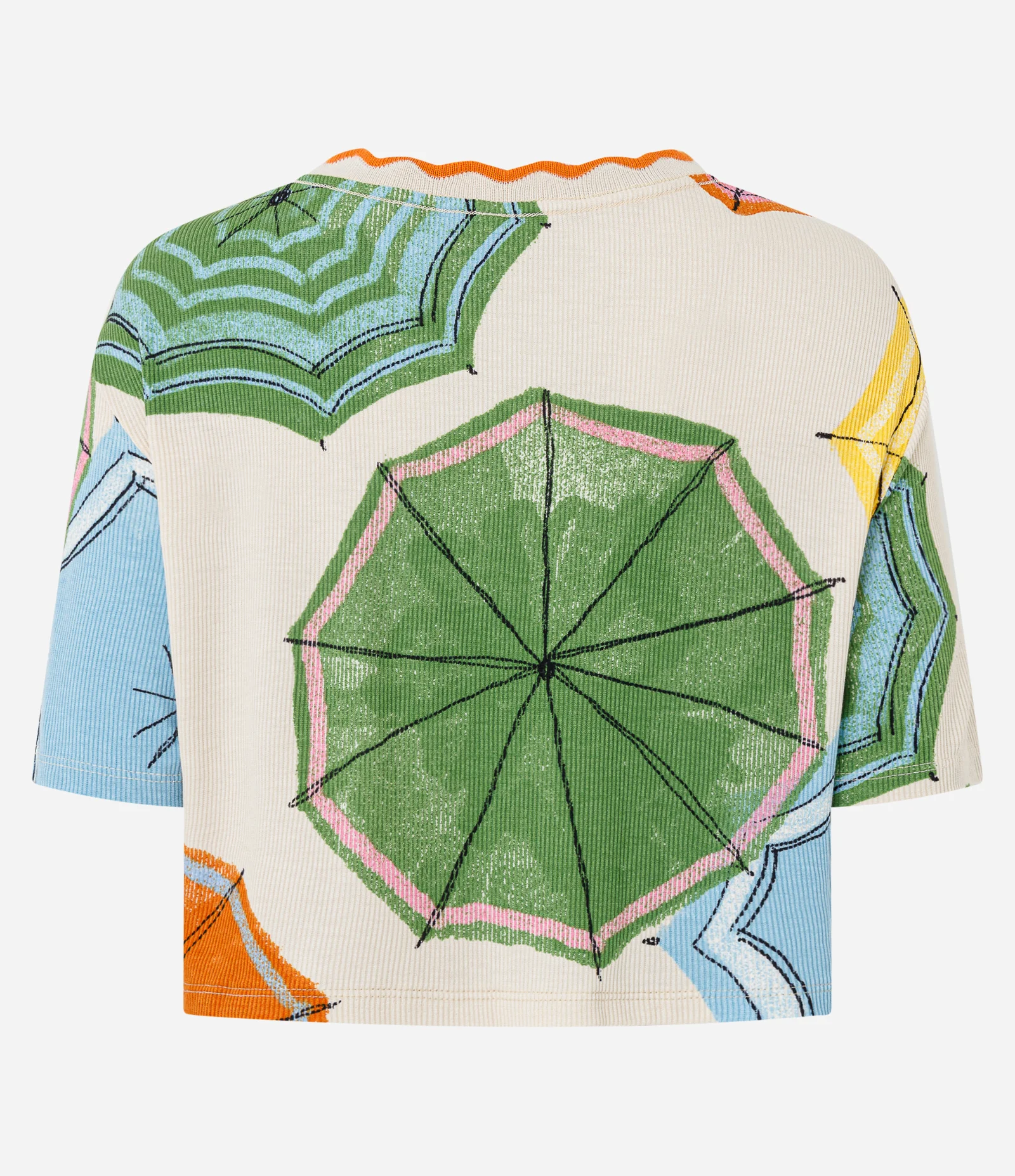 Blusa Cropped em Ribana com Estampa De Praia Bege 6