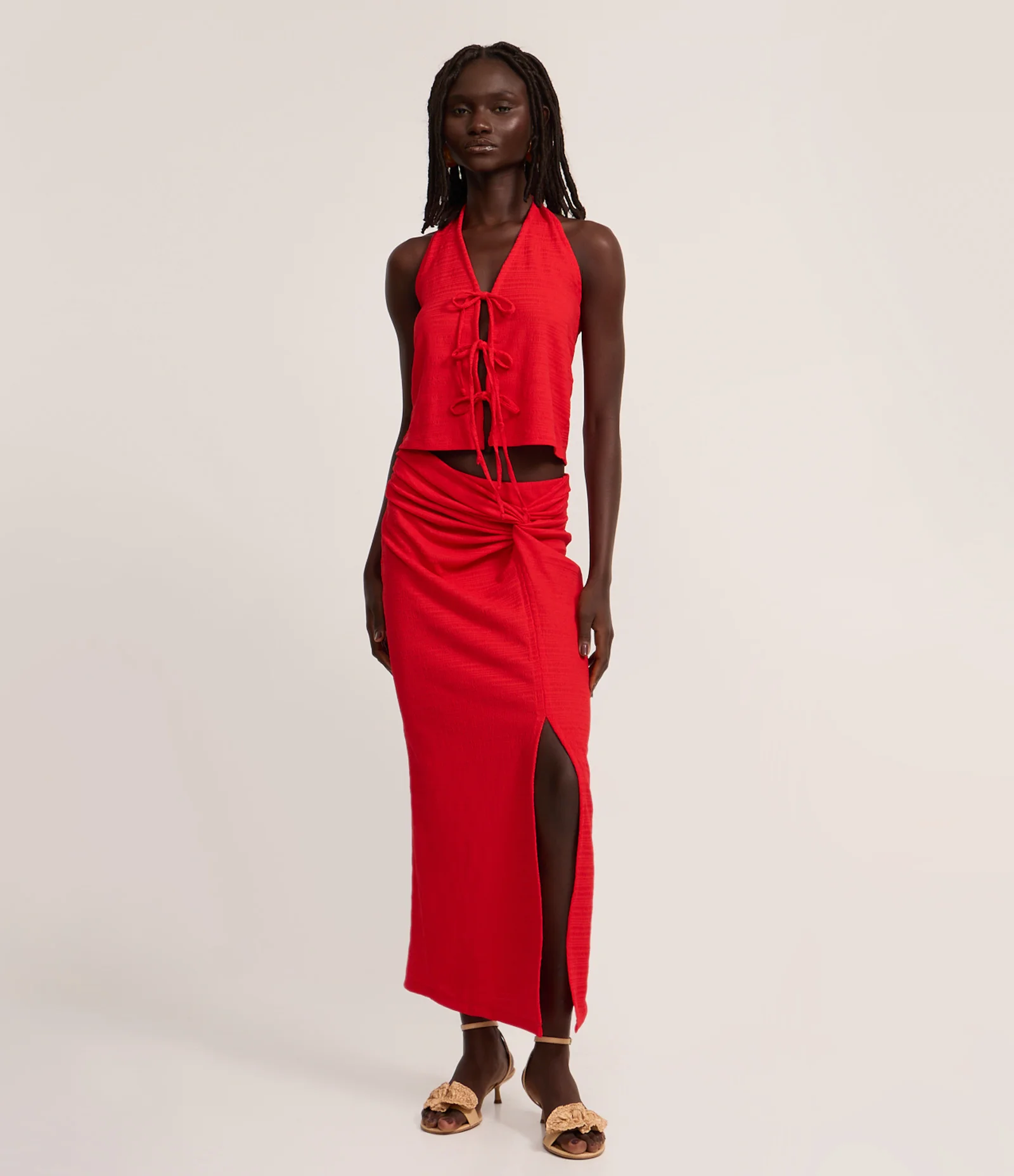 Blusa Frente Única com Amarrações e Texturizada Vermelho 2