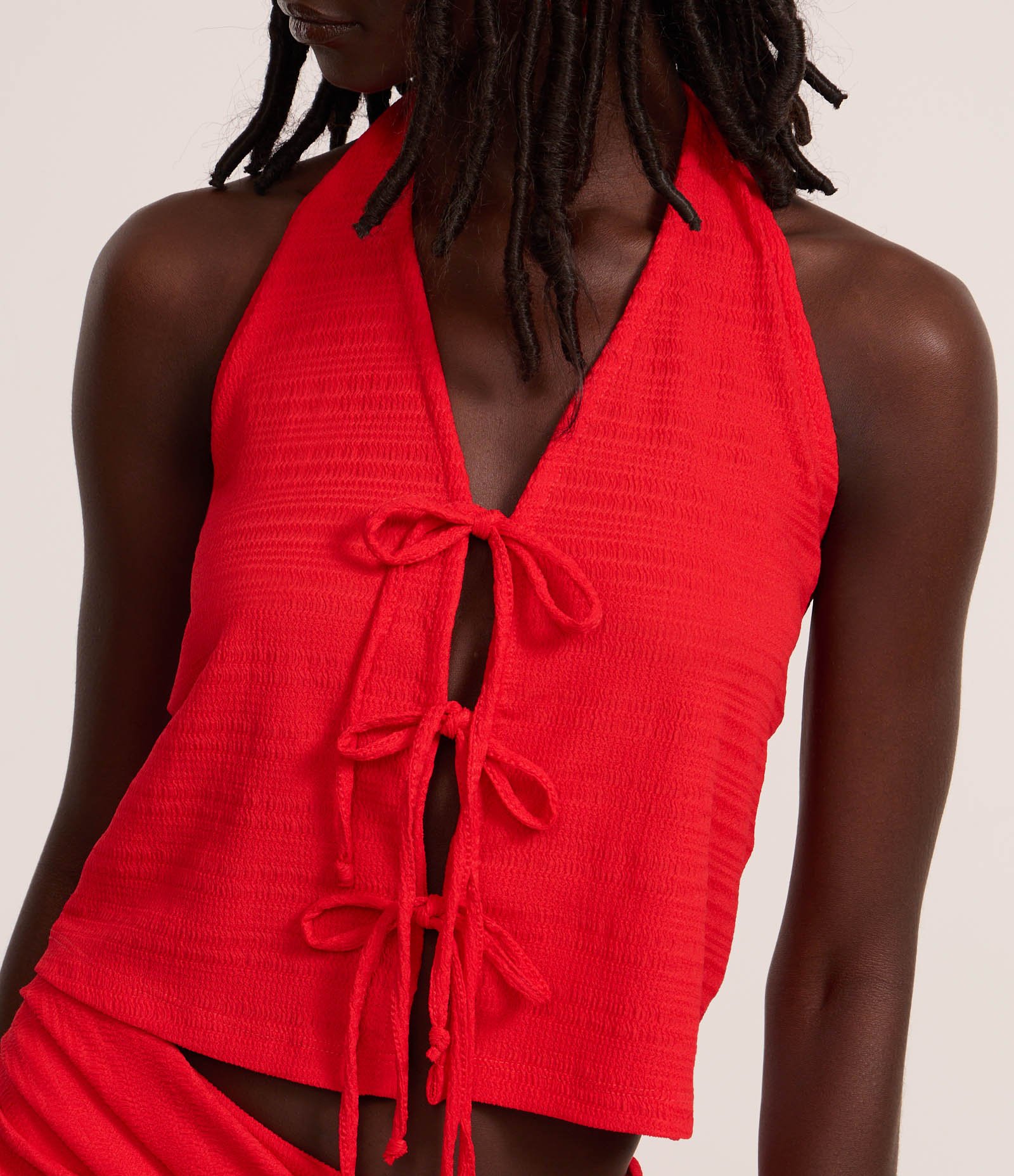 Blusa Frente Única com Amarrações e Texturizada Vermelho 4