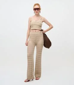 Calça Pantalona em Tricô com Ponto Trabalhado