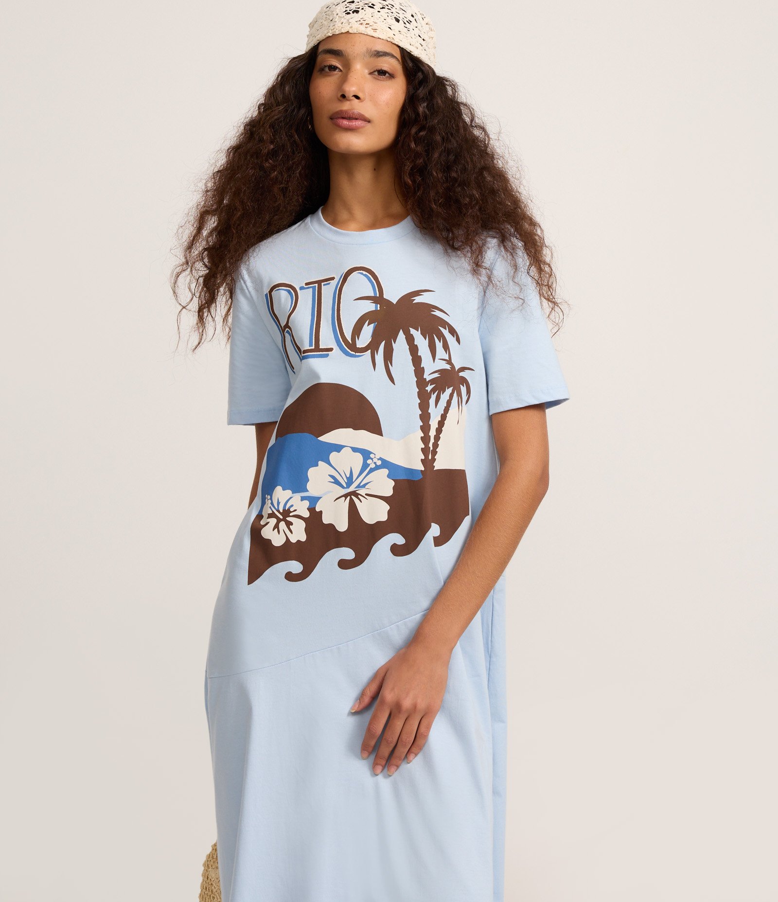 Vestido T-Shirt Midi em Algodão com Estampa Praia Azul 2