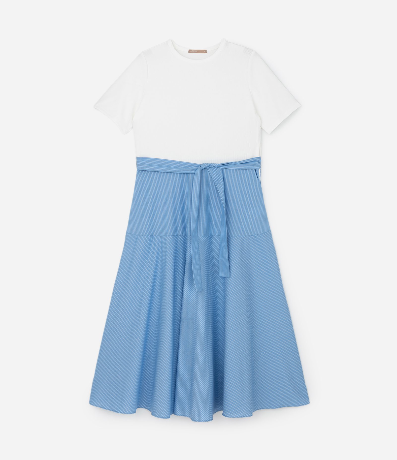 Vestido Midi em Algodão com Saia Listrada Curve & Plus Size Azul / Branco 1