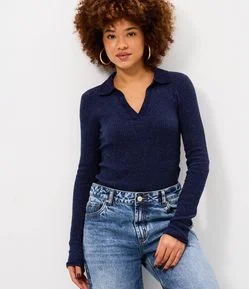 Blusa Manga Longa em Tricô com Gola Polo Ajustada