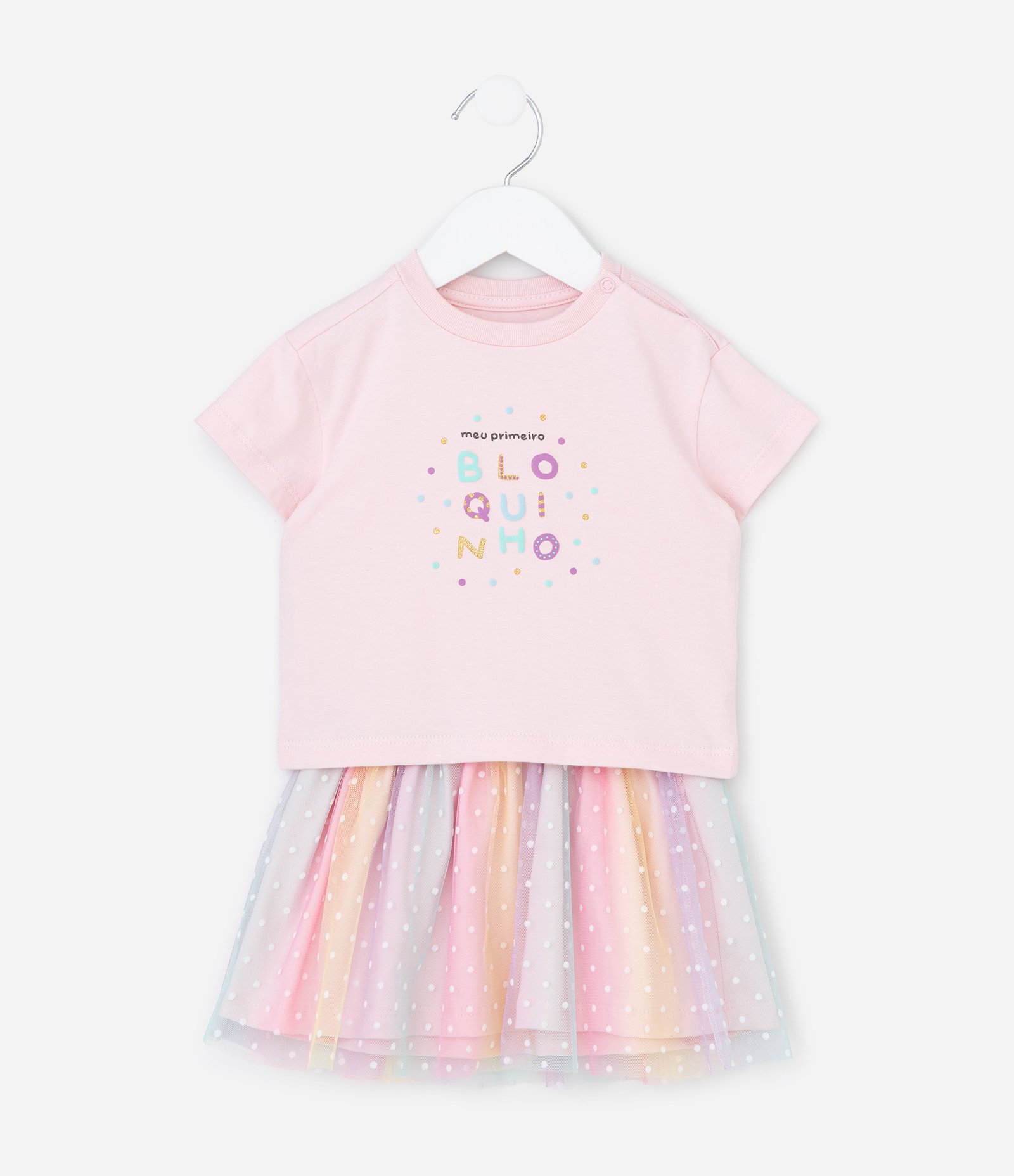 Conjunto Infantil Camiseta com Estampa e Saia de Tule - Tam RN a 18 Meses Rosa 1