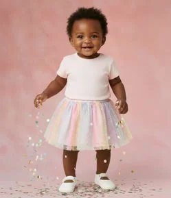 Conjunto Infantil Camiseta com Estampa e Saia de Tule - Tam RN a 18 Meses