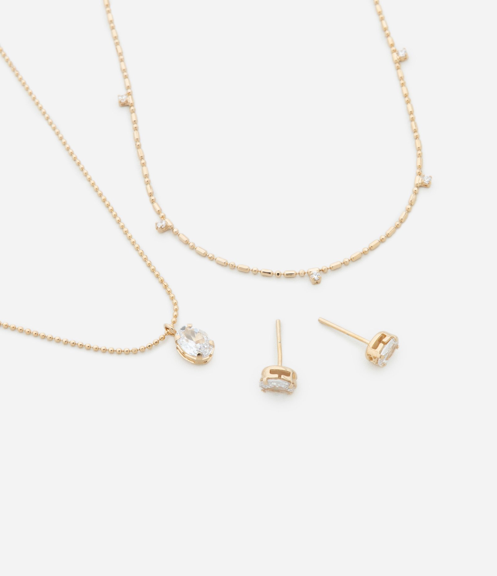 Conjunto de Colar Camadas Correntes Delicadas e Pingentes e Brinco Ponto de Luz Dourado 1