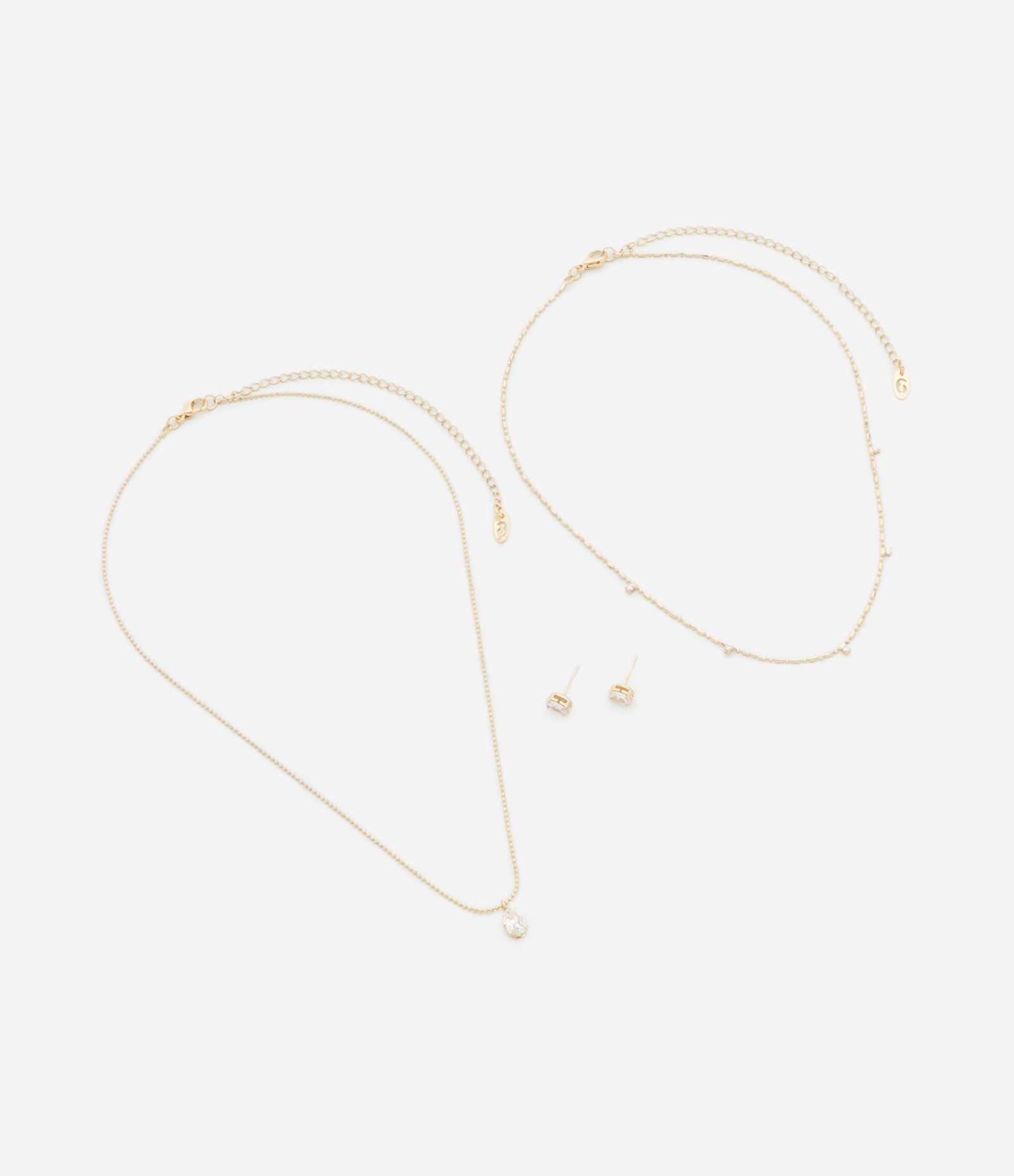 Conjunto de Colar Camadas Correntes Delicadas e Pingentes e Brinco Ponto de Luz Dourado 2