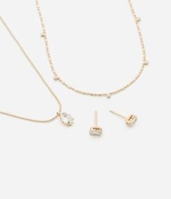 Conjunto de Colar Camadas Correntes Delicadas e Pingentes e Brinco Ponto de Luz