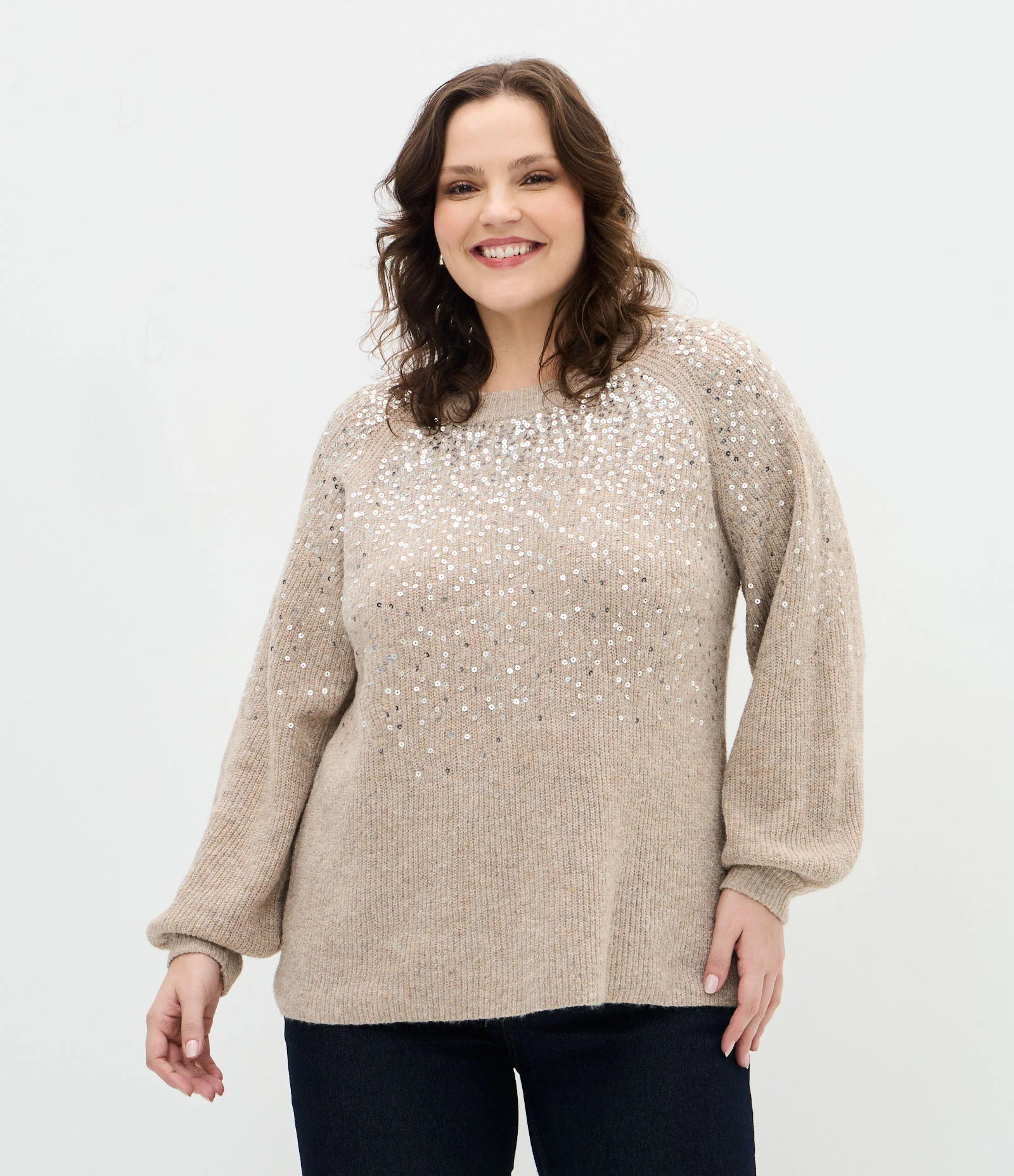 Suéter Amplo em Tricô com Bordado de Paetês Curve & Plus Size Bege 1