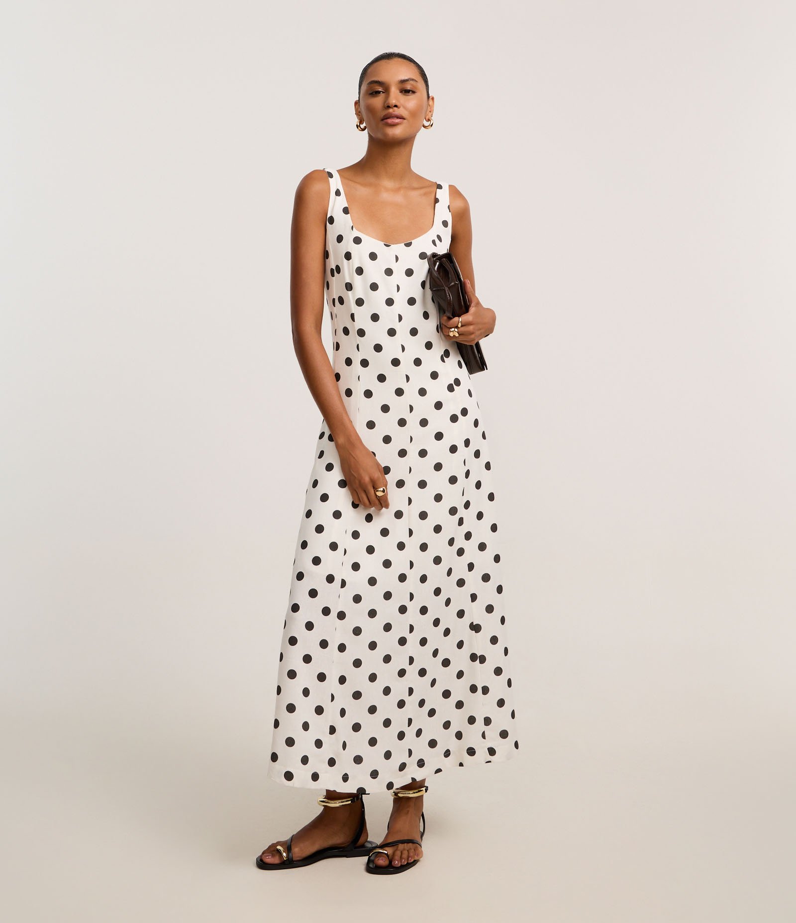 Vestido Evasê Midi em Viscolinho com Estampa Poá Off White/Preto 1