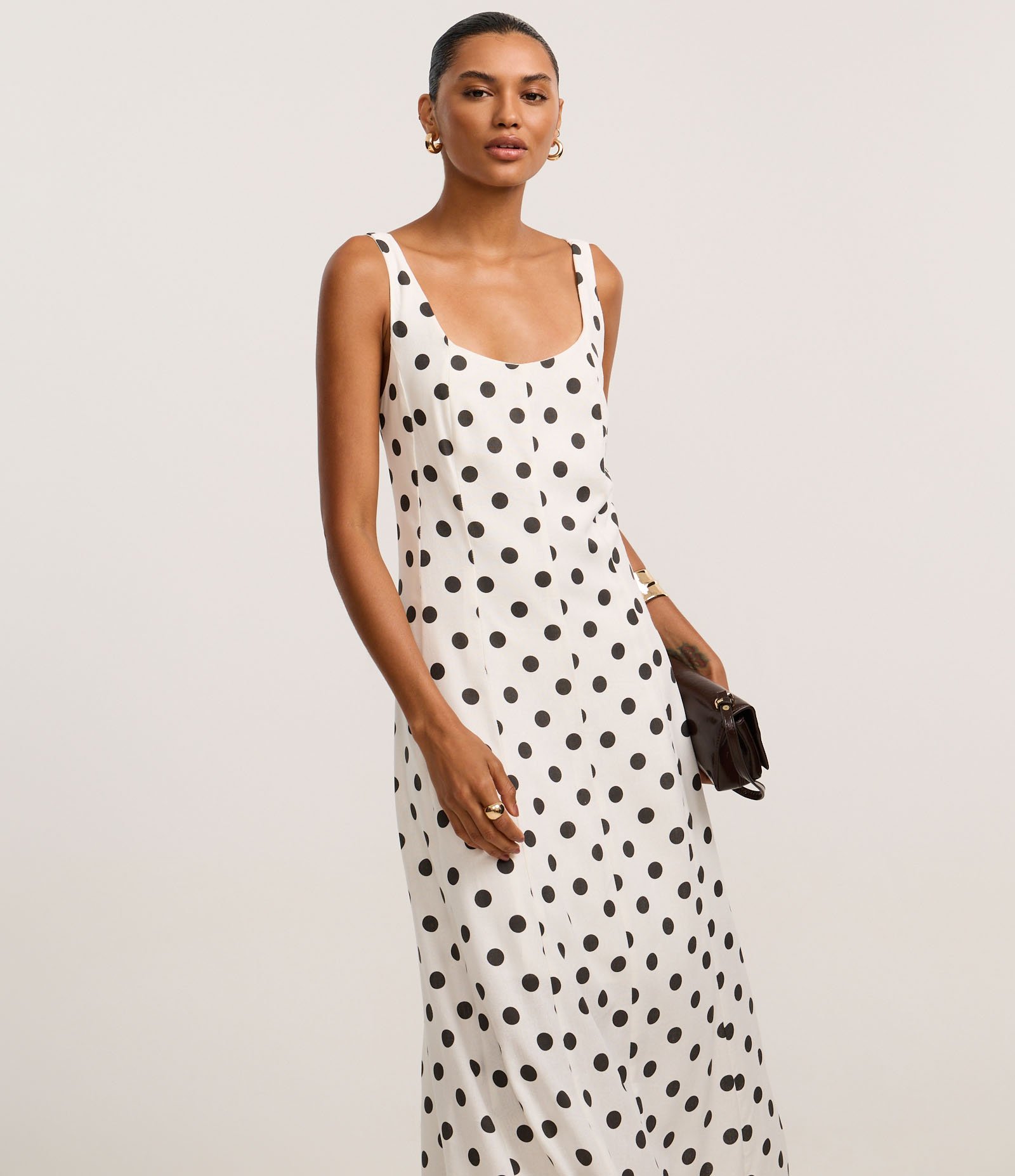 Vestido Evasê Midi em Viscolinho com Estampa Poá Off White/Preto 2