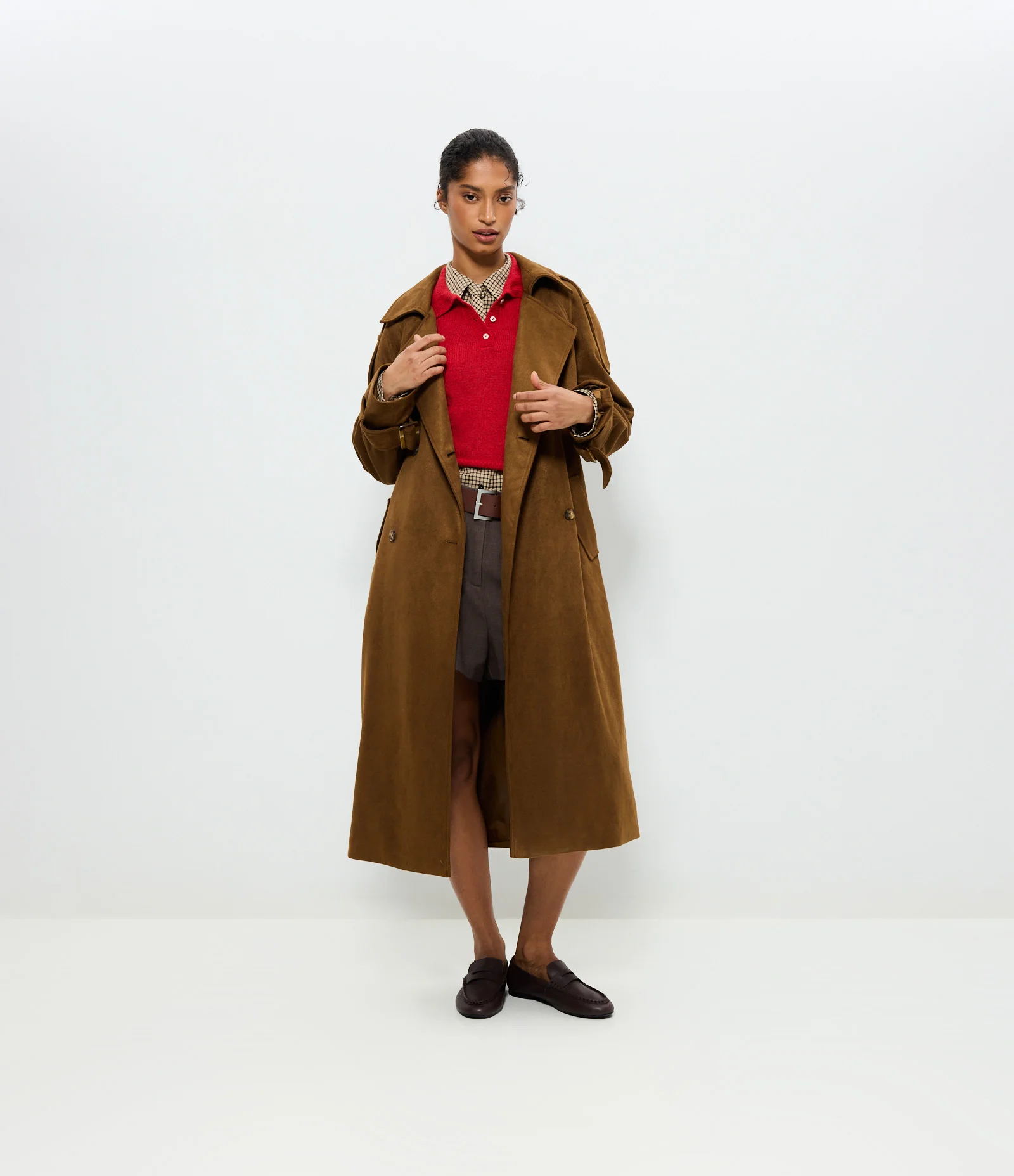 Trench Coat Alongado em Suede com Cinto Marrom Claro 1