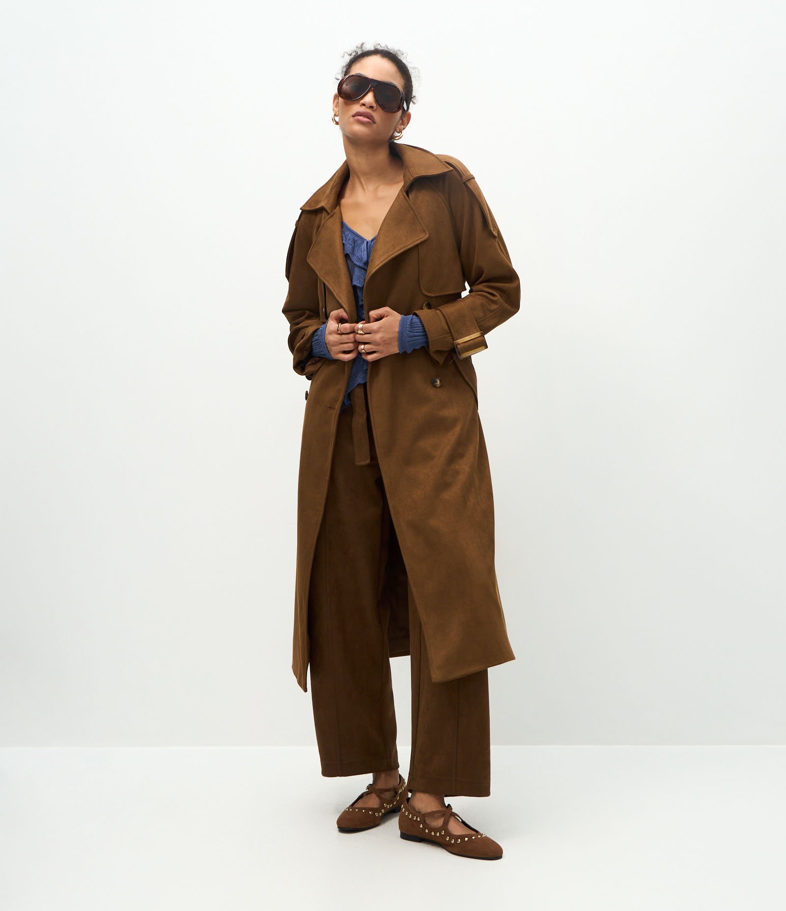 Trench Coat Alongado em Suede com Cinto Marrom Claro 3