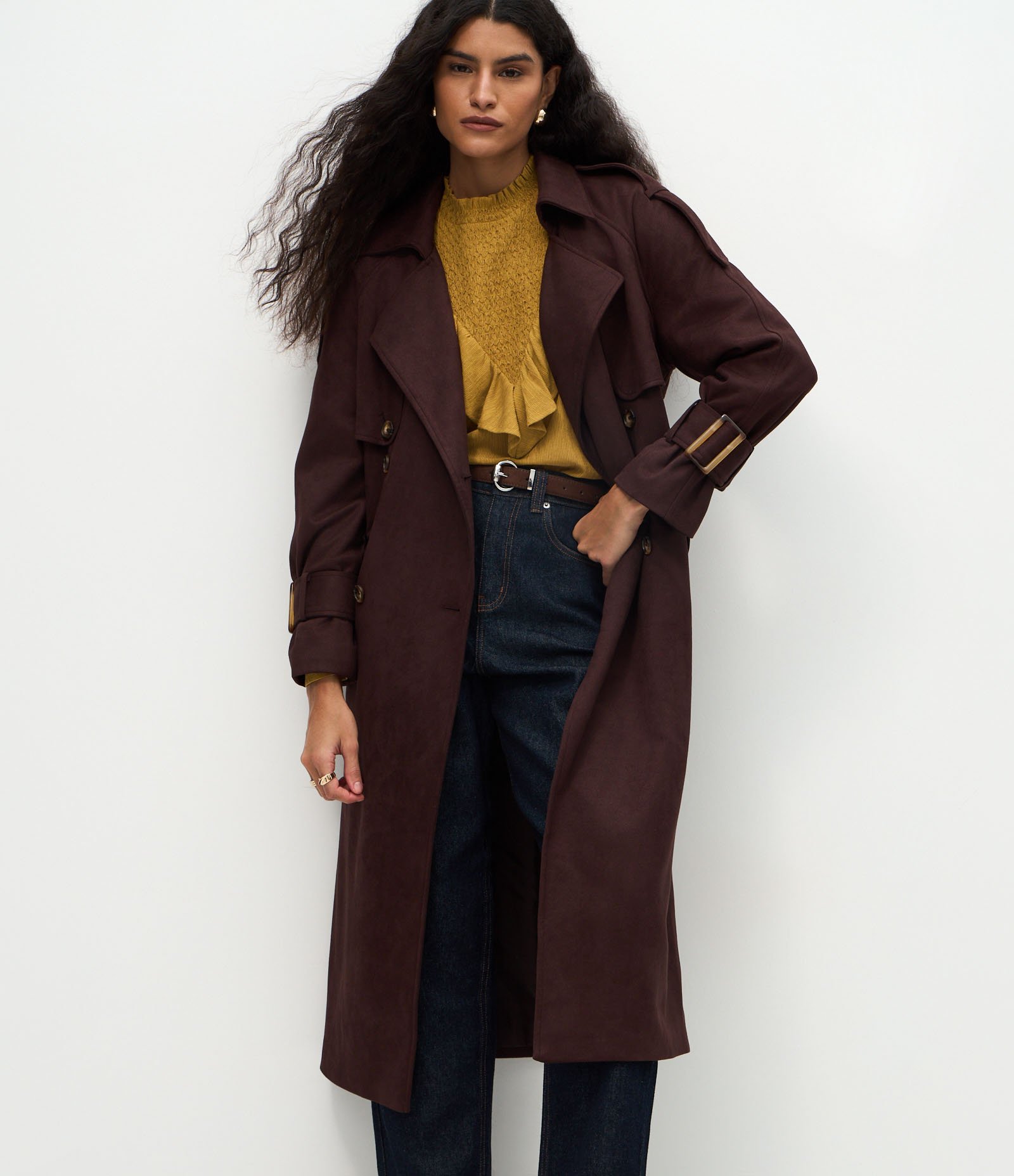 Trench Coat Alongado em Suede com Cinto Marrom Escuro 3