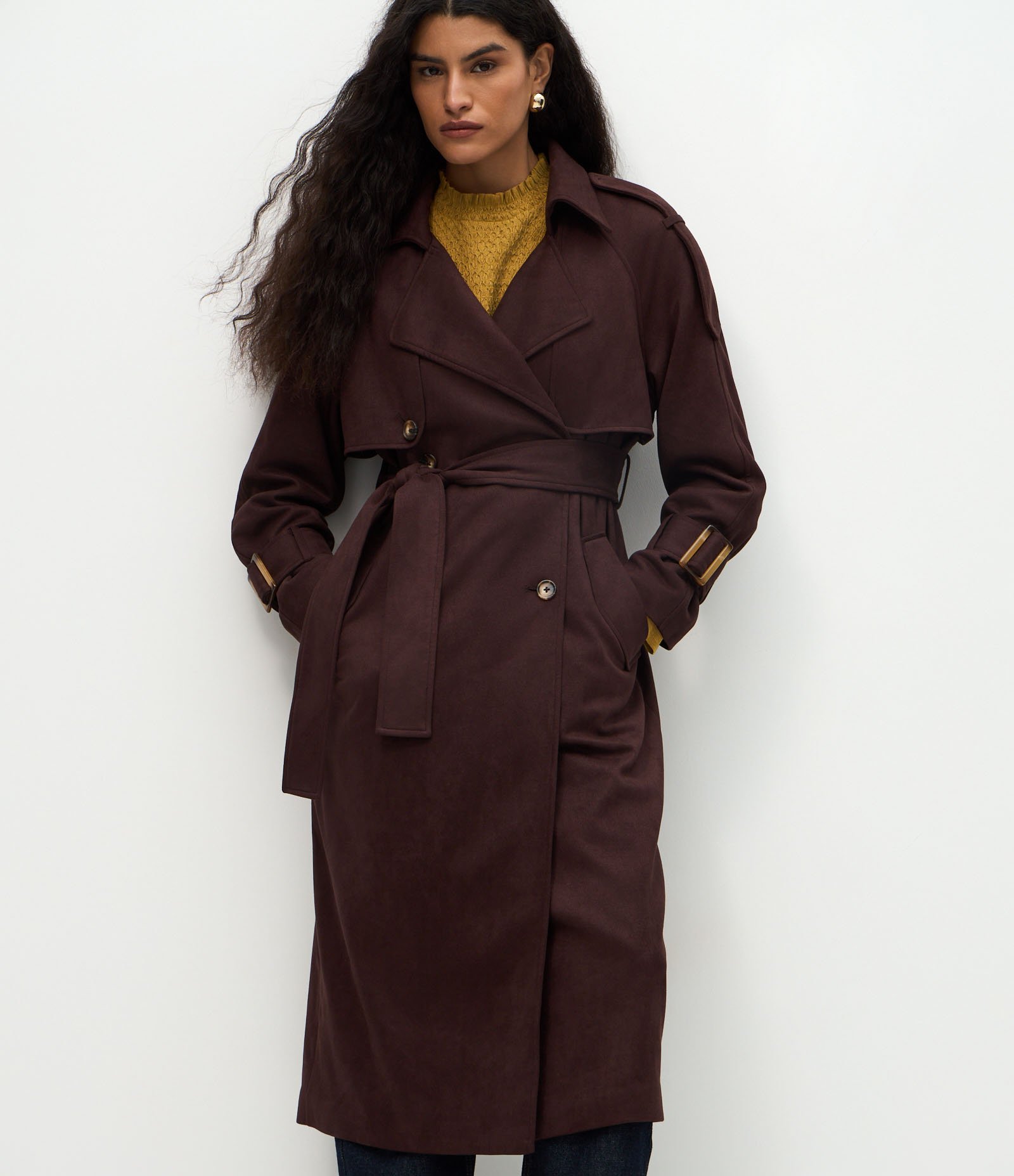 Trench Coat Alongado em Suede com Cinto Marrom Escuro 6