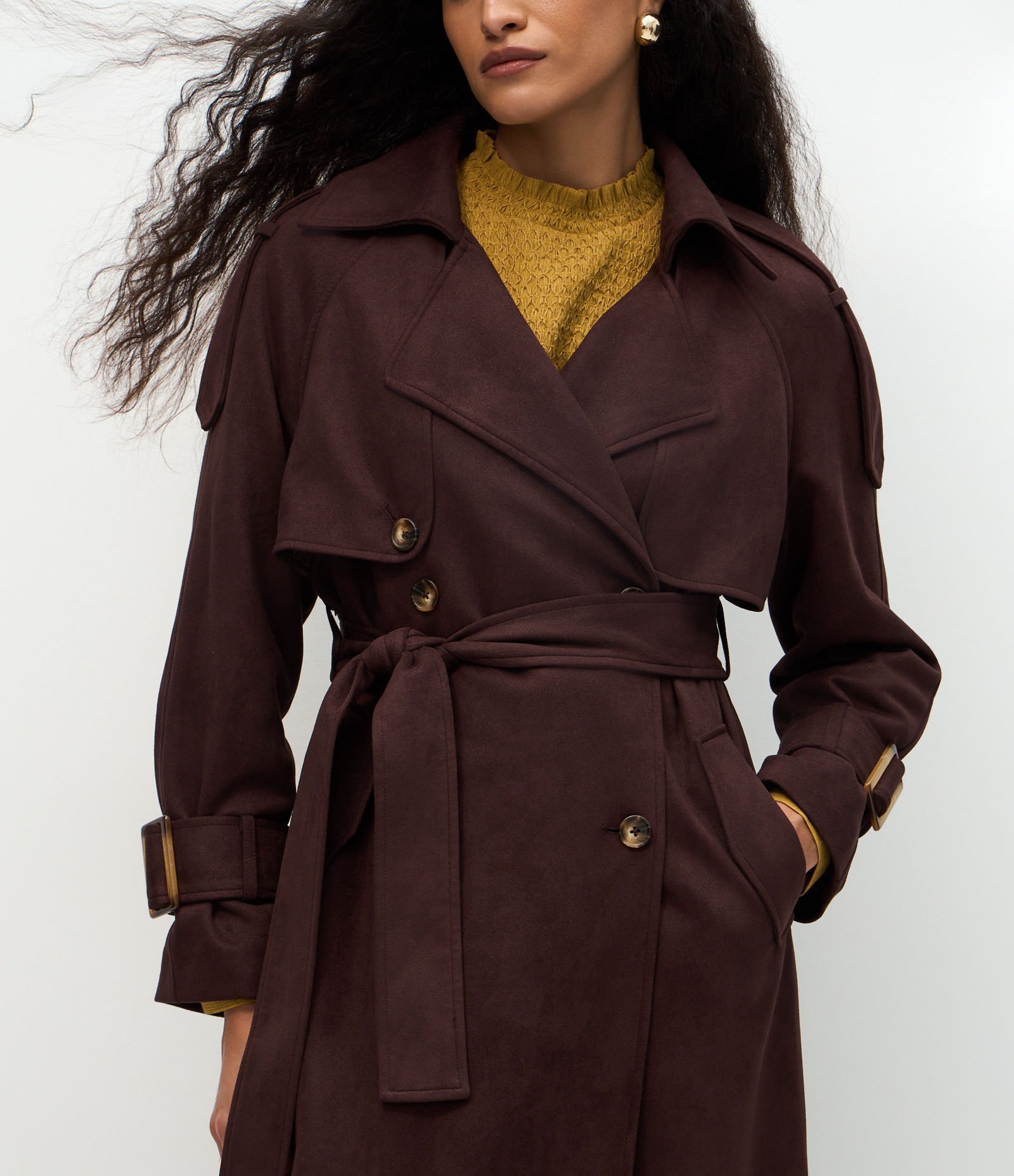 Trench Coat Alongado em Suede com Cinto Marrom Escuro 7