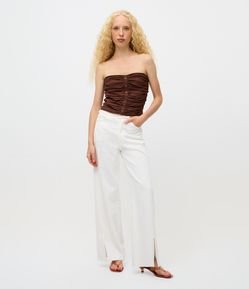 Calça Wide em Sarja com Cintura Baixa e Cós Desfiado