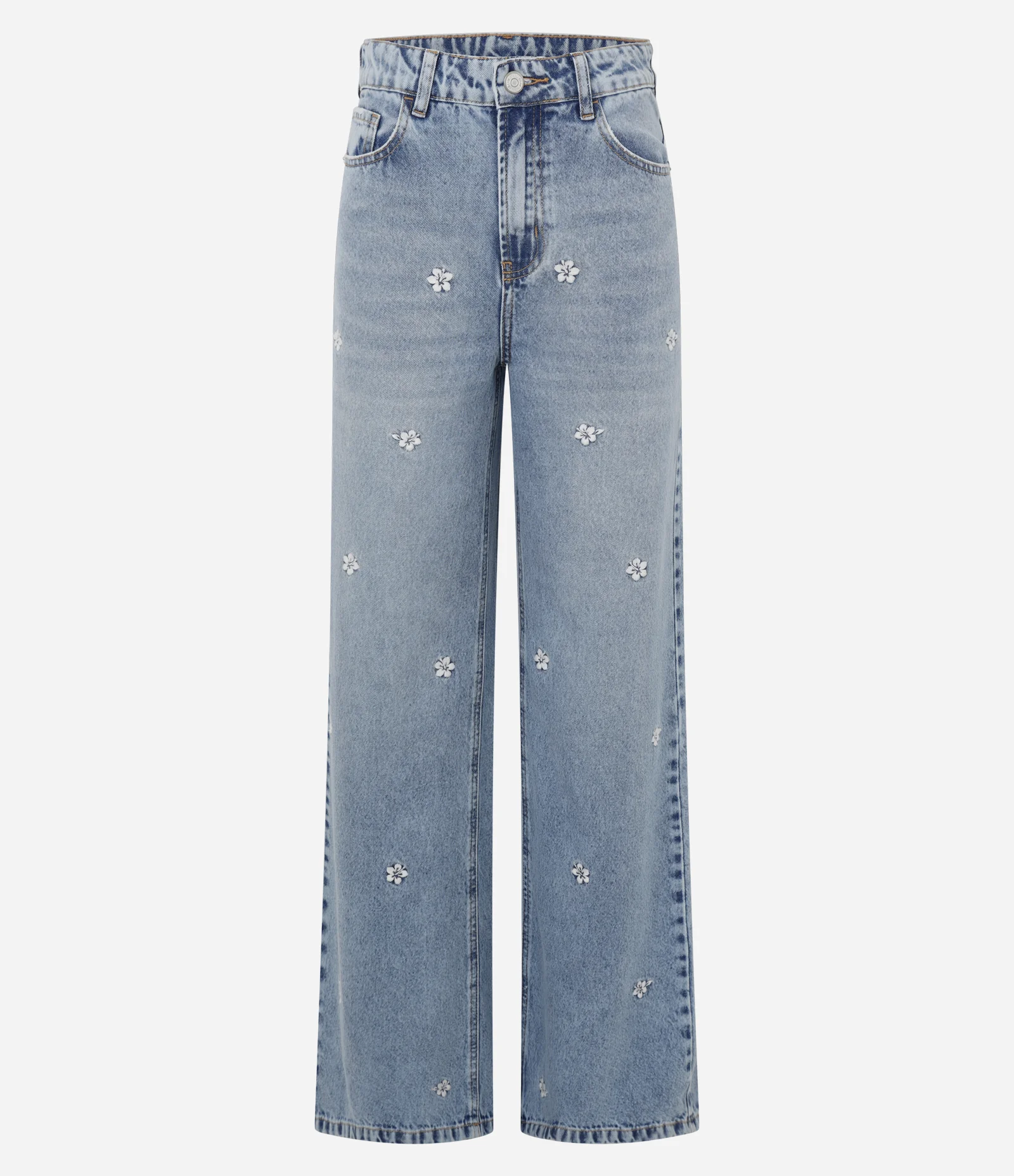 Calça Jeans Reta em Denim com Estampa Flor Hibiscos Azul 1