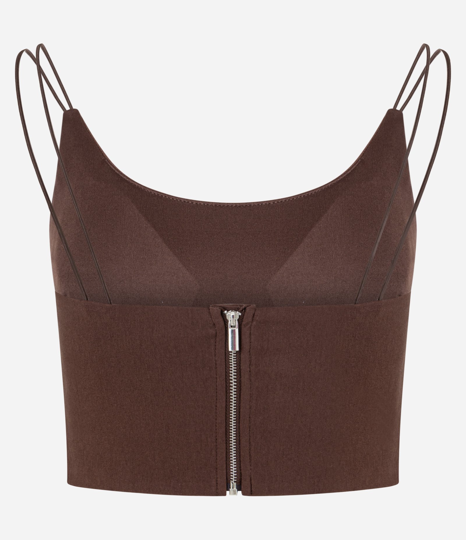 Blusa Cropped em Bengaline com Decote em U e Alças Finas Marrom 5