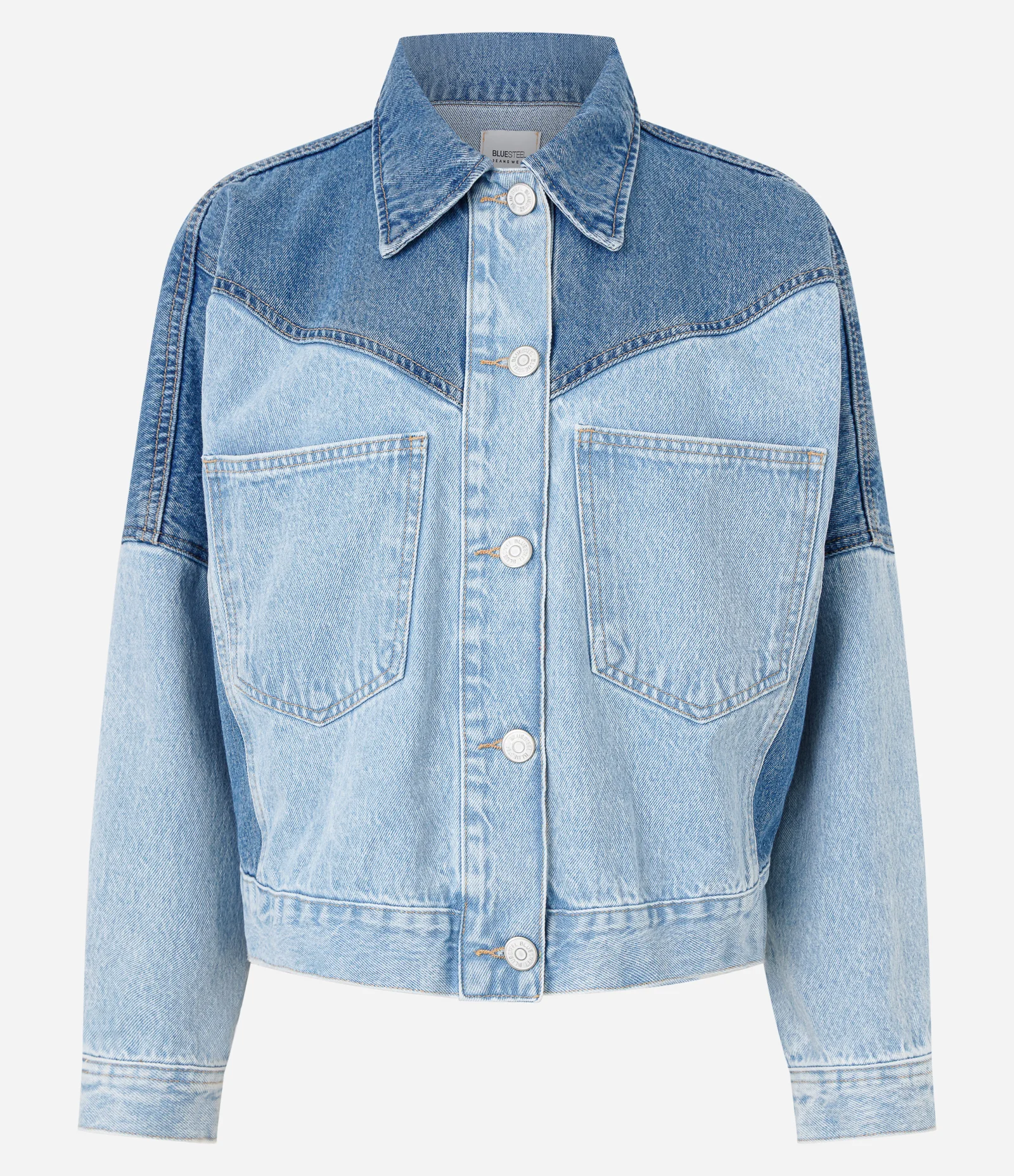 Jaqueta em Jeans com Recortes Bicolor Estruturados Azul Claro 5