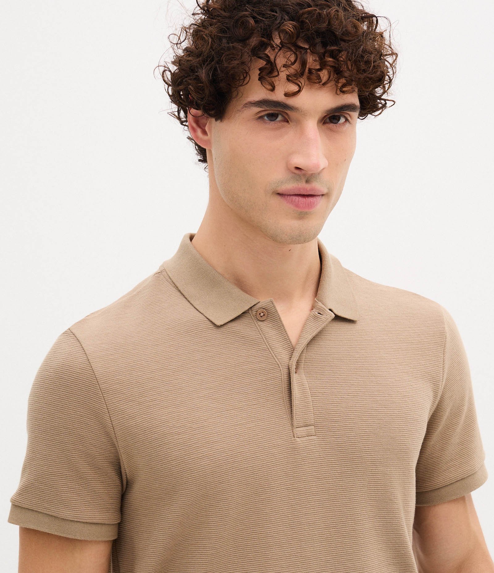 Camisa Polo Slim com Botões e Textura Canelada Marrom Taupe 3