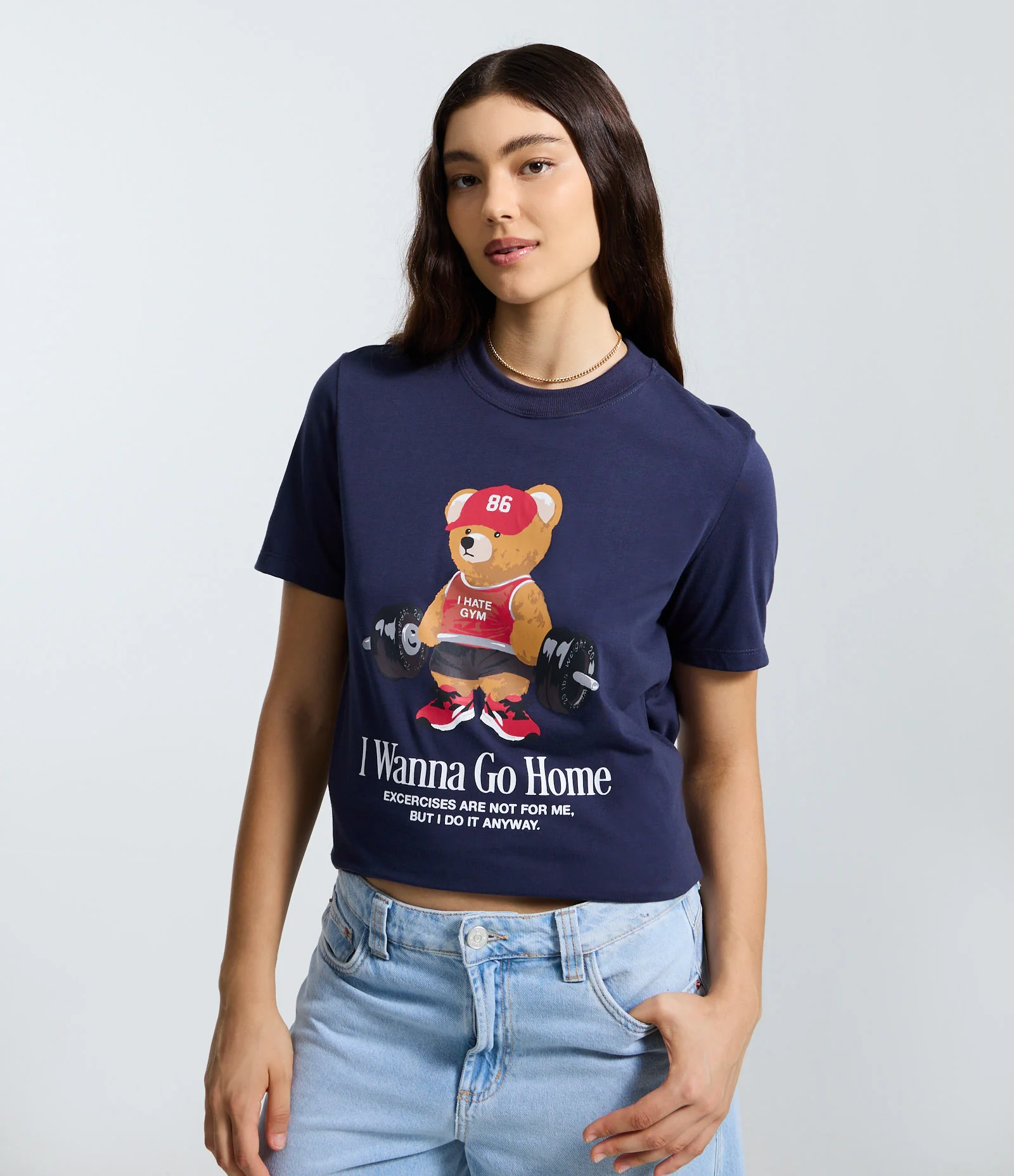 Camiseta Alongada em Algodão com Estampa de Urso Fitness Azul Marinho 1