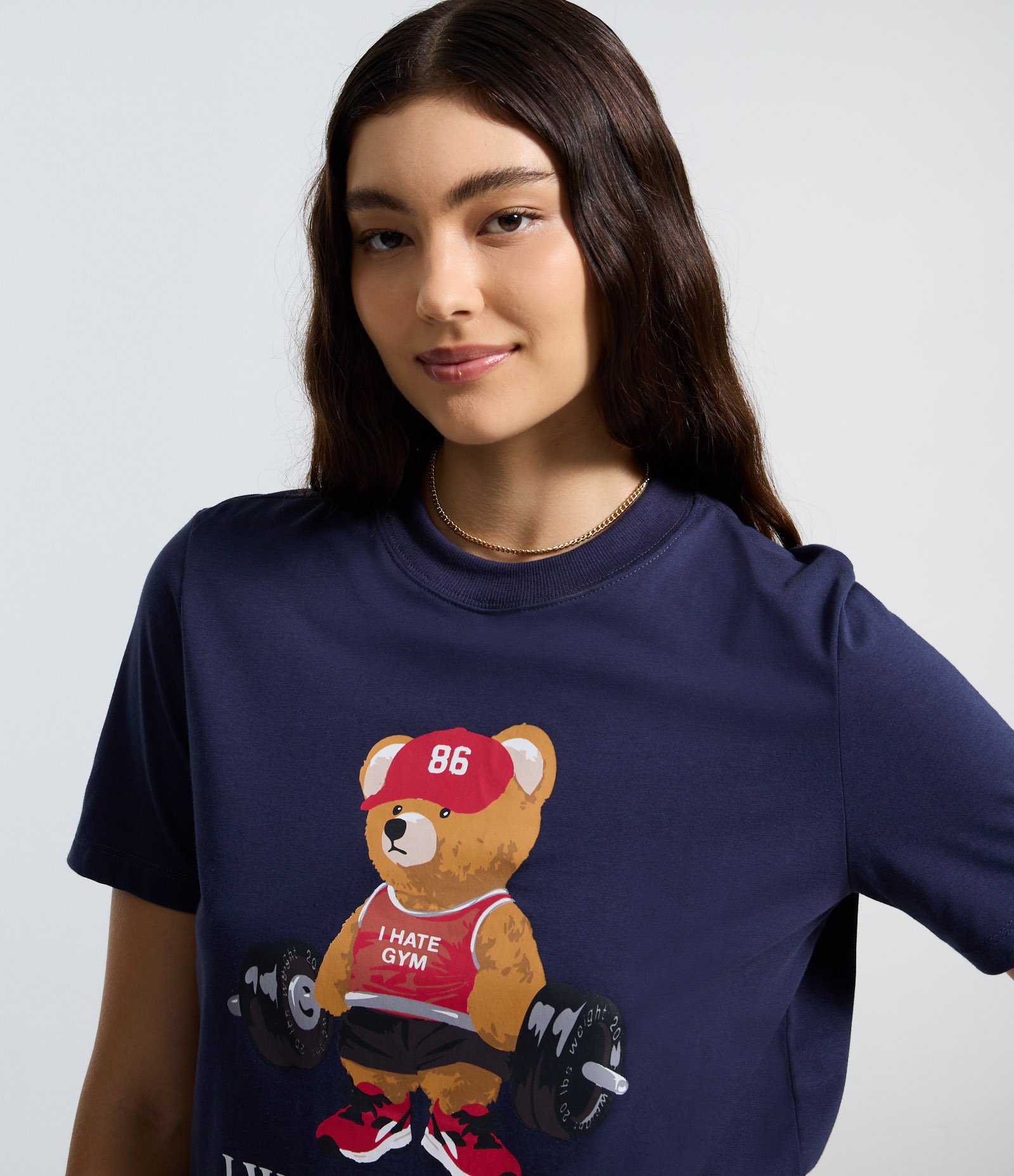 Camiseta Alongada em Algodão com Estampa de Urso Fitness Azul Marinho 3