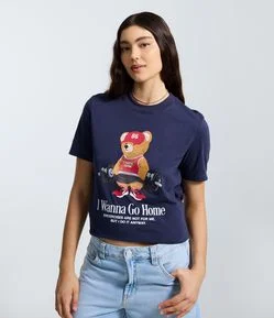 Camiseta Alongada em Algodão com Estampa de Urso Fitness