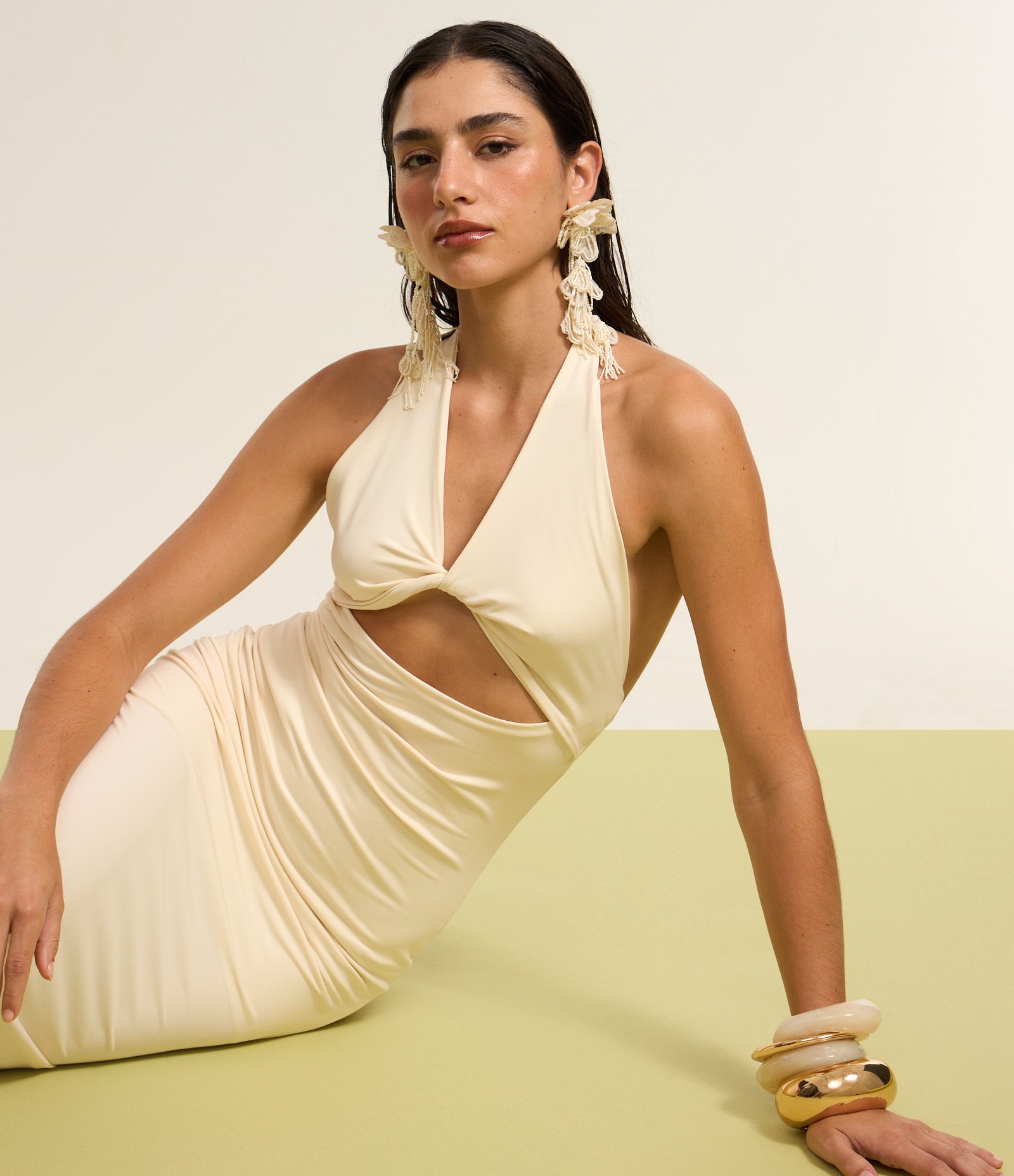 Vestido New Midi em Jersey Frente Única Bege 5