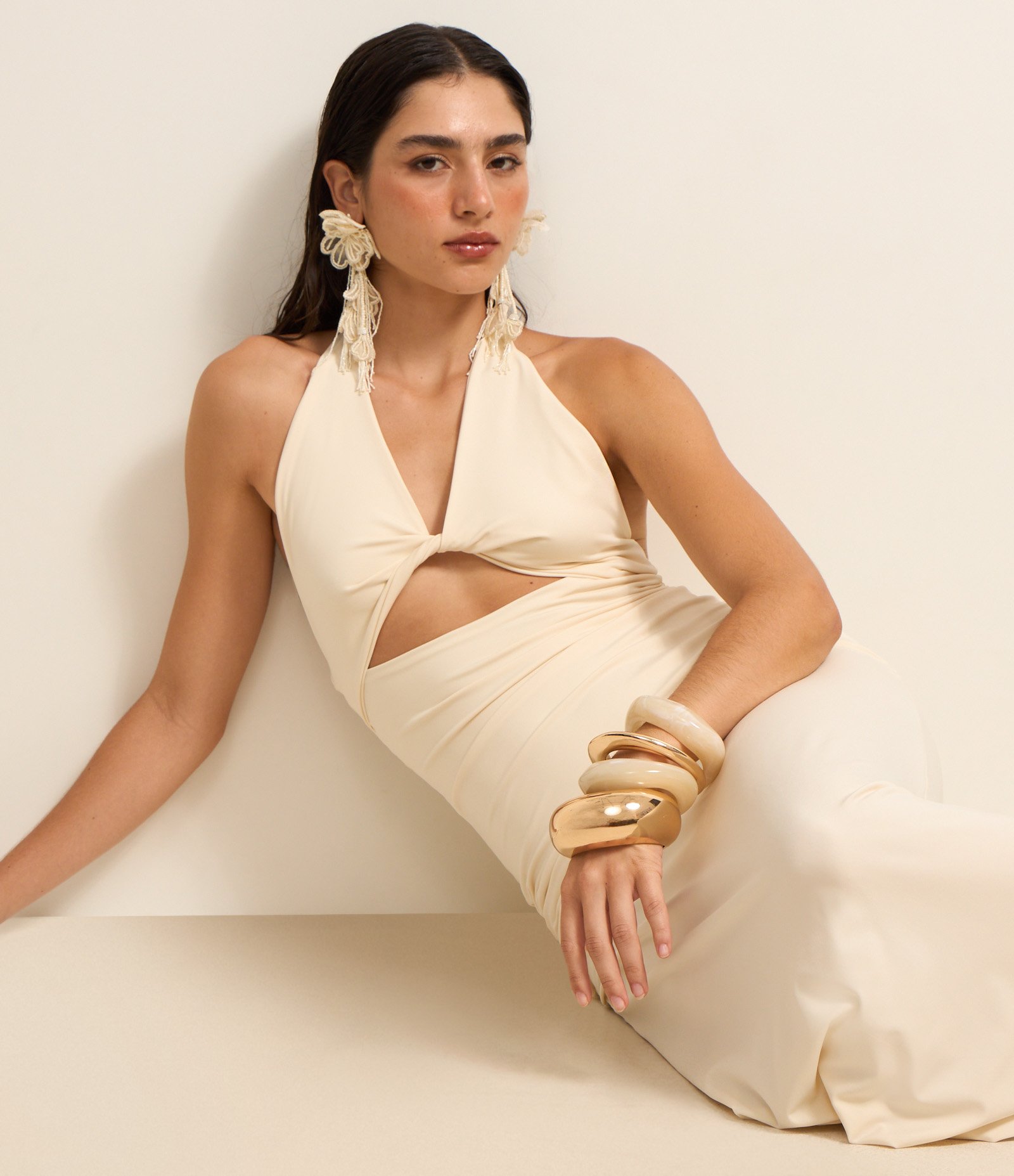 Vestido New Midi em Jersey Frente Única Bege 4