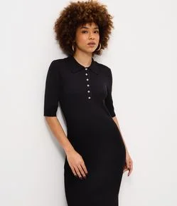 Vestido Longo em Tricô com Gola Polo