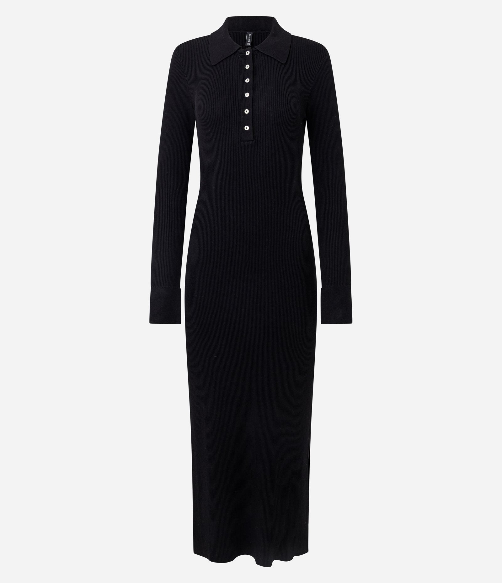 Vestido Longo em Tricô com Gola Polo Preto 1