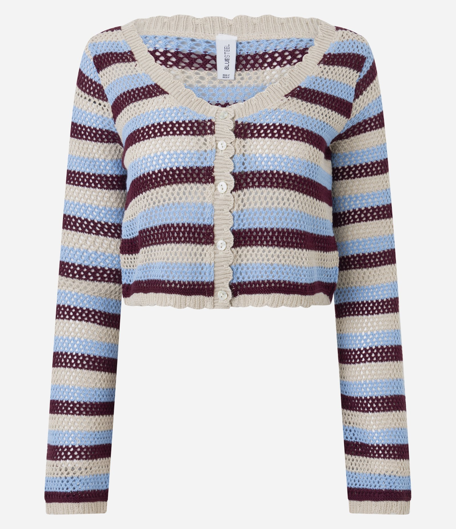 Casaco Cropped em Tricô Listrado com Acabamento Ondinha Azul 5