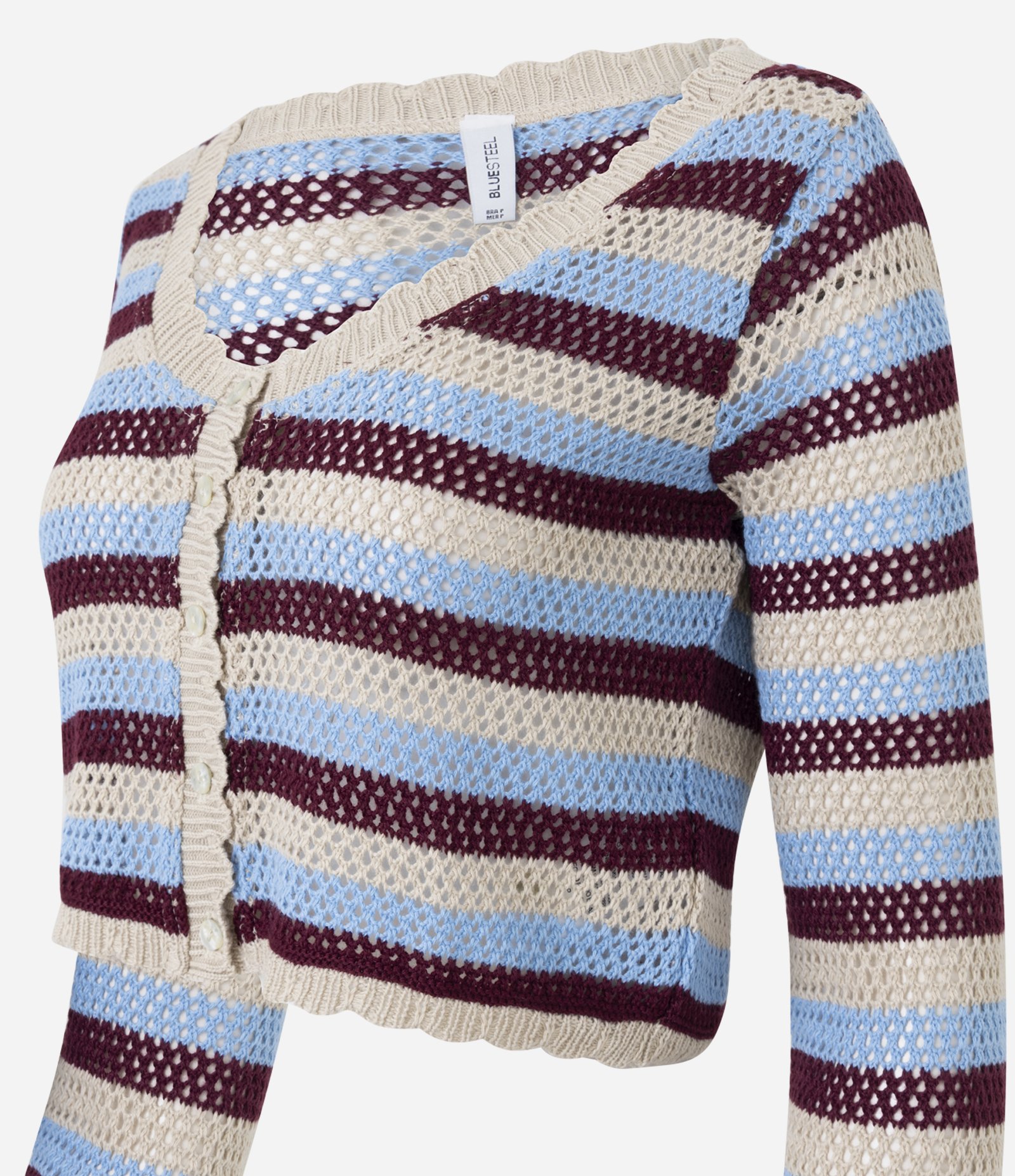 Casaco Cropped em Tricô Listrado com Acabamento Ondinha Azul 6