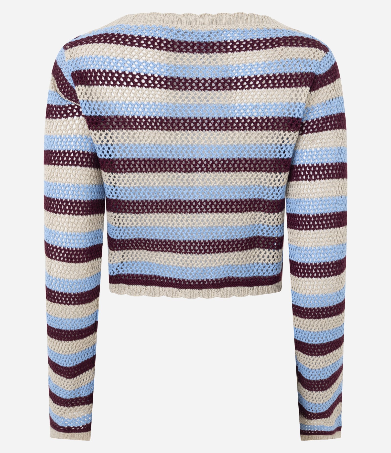 Casaco Cropped em Tricô Listrado com Acabamento Ondinha Azul 7