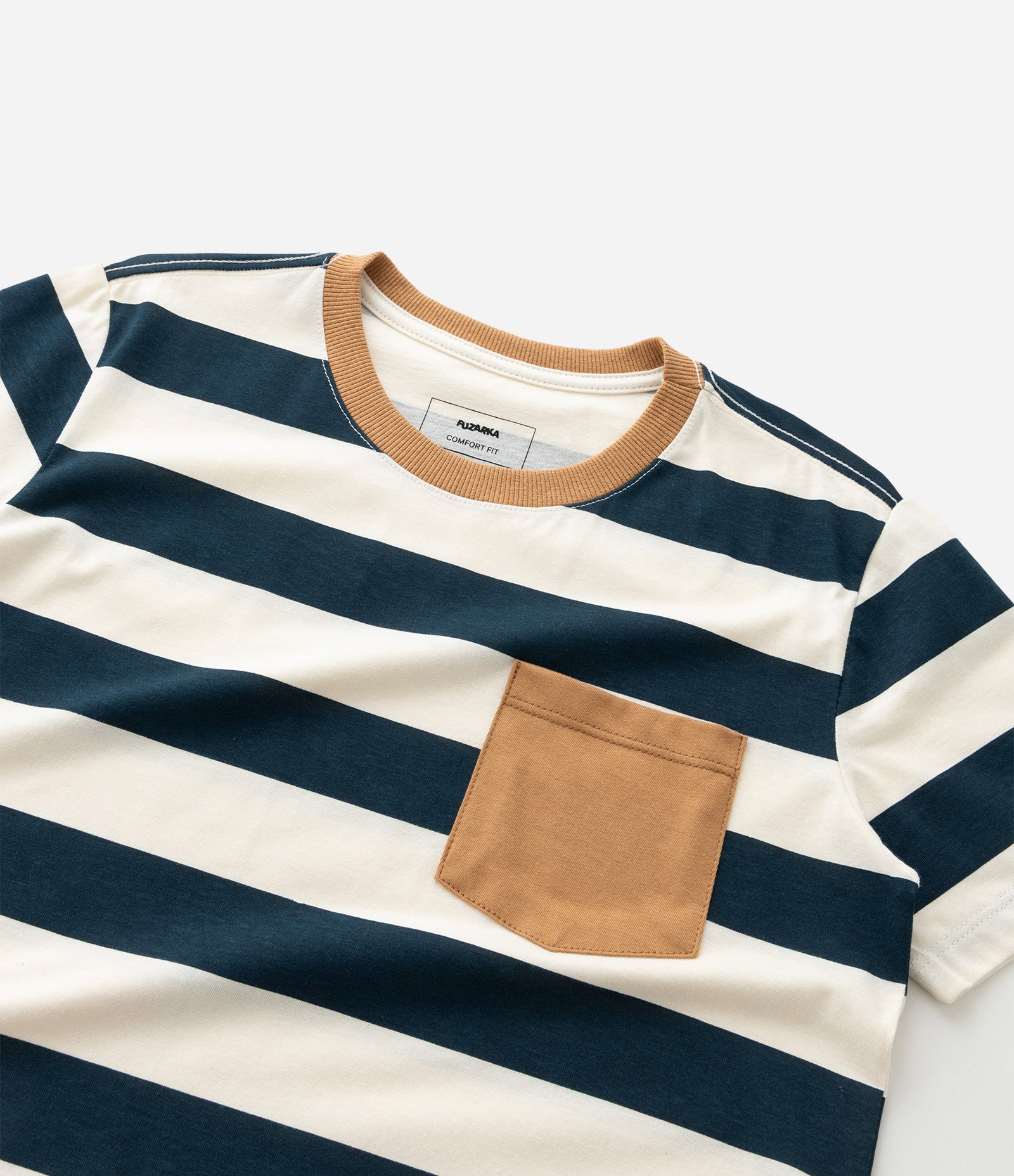 Camiseta Infantil Regular com Estampa de Listras e Bolso - Tam 5 a 14 Anos Bege/Azul 5