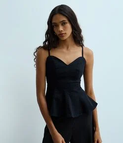 Blusa Slim em Jeans com Decote Coração e Alças Finas