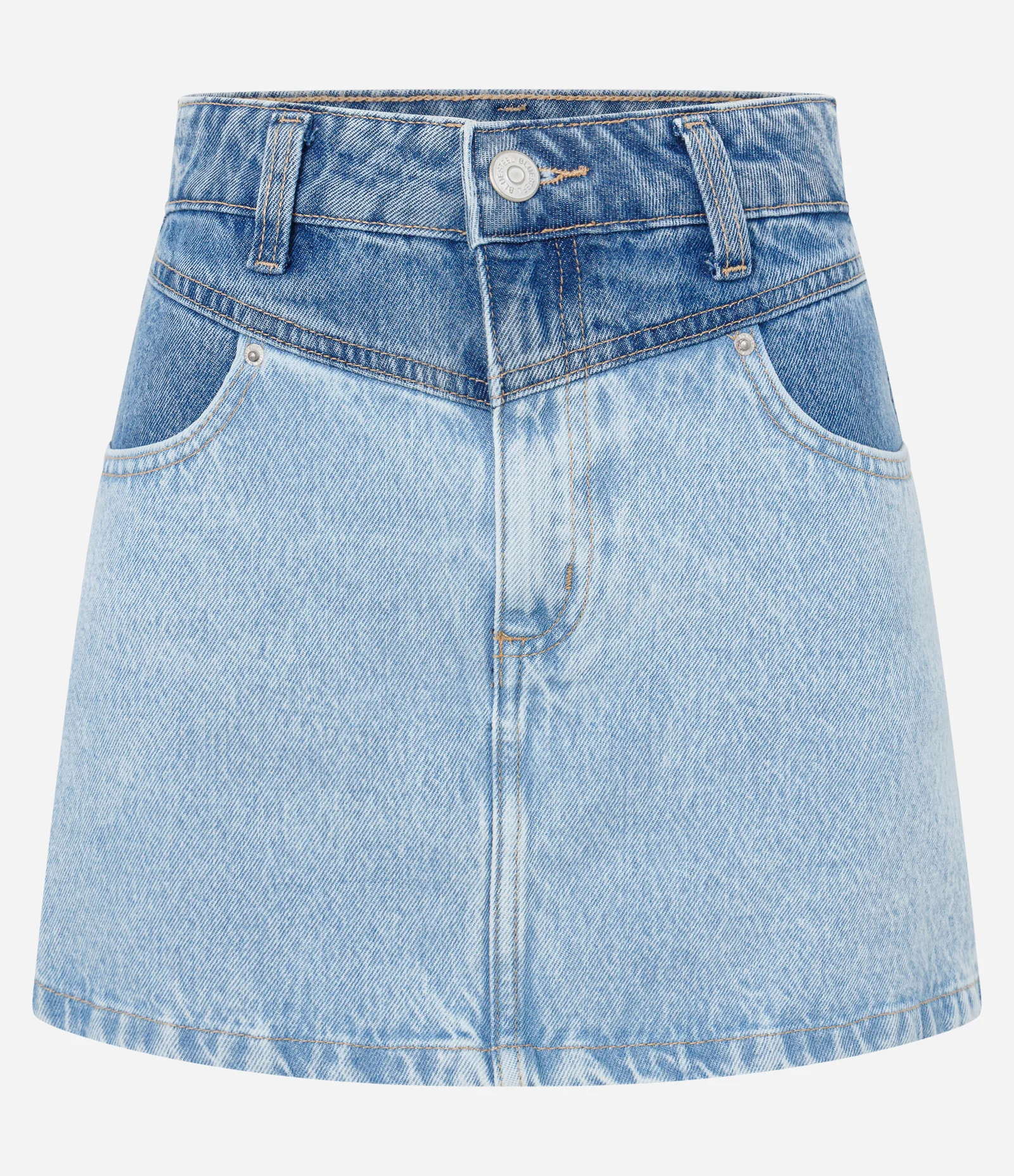Saia Mini em Jeans com Recortes em Dois Tons Azul Claro 5