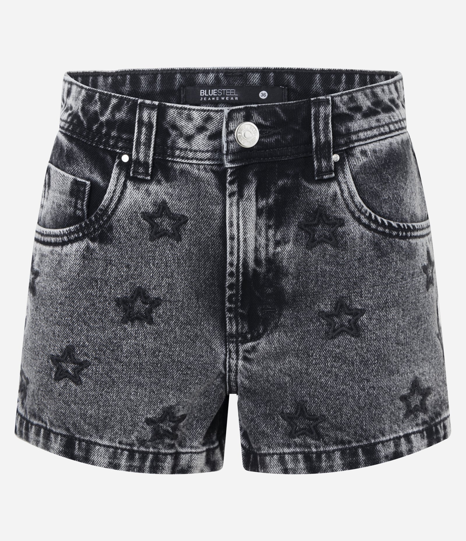Short Cintura Média em Jeans com Estrelas Bordadas Preto Estonado 1