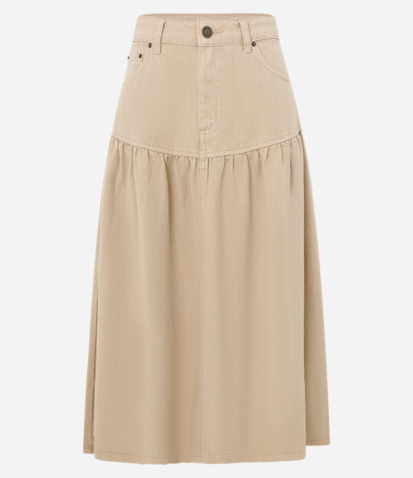 Saia Midi em Sarja com Recorte e Franzido Bege 5